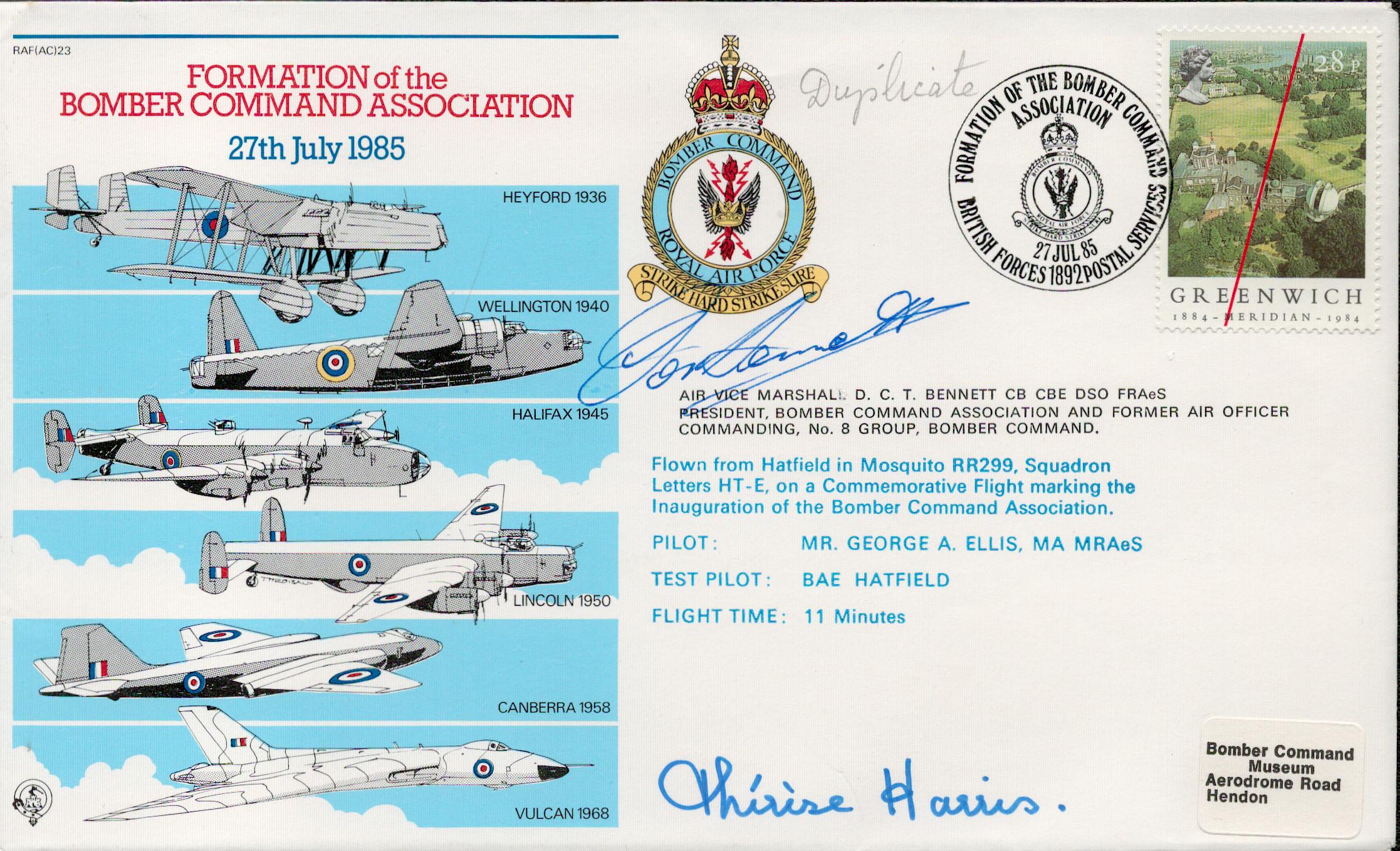 Air Vice Marshal Don Bennett Signed Formation of the Bomber command Association Flown FDC. 57 of
