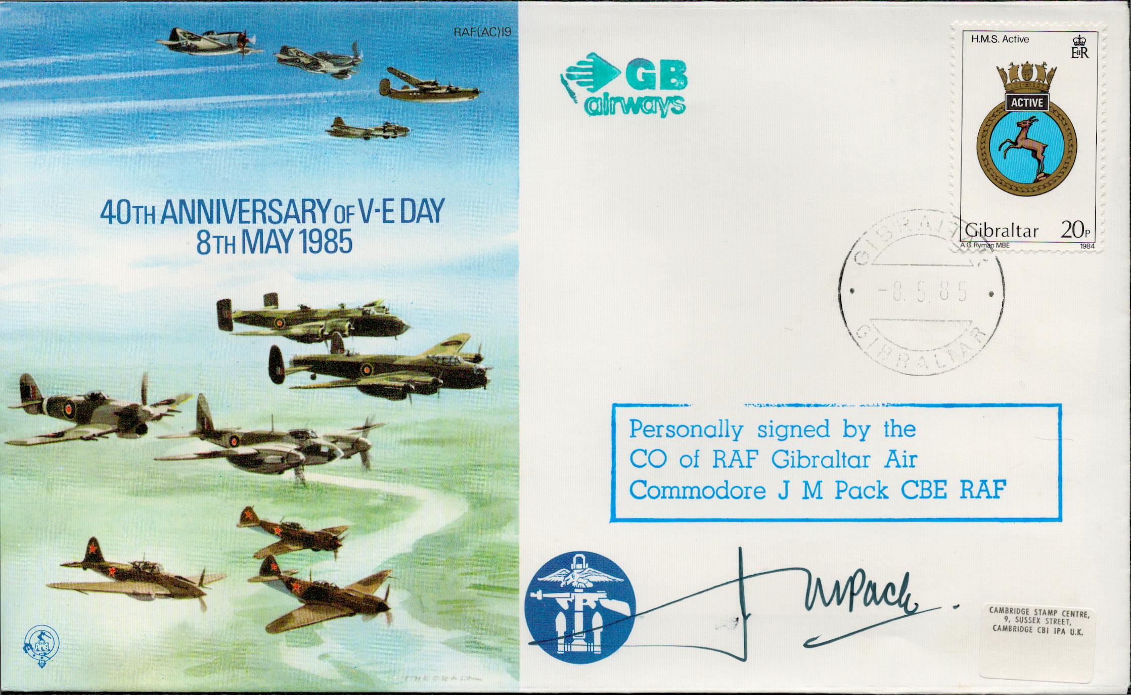 Air Commodore JM Pack CBE Signed 40th Anniv of VE Day 9th May 1985 FDC. 24 of 50 Covers Issued. Pack