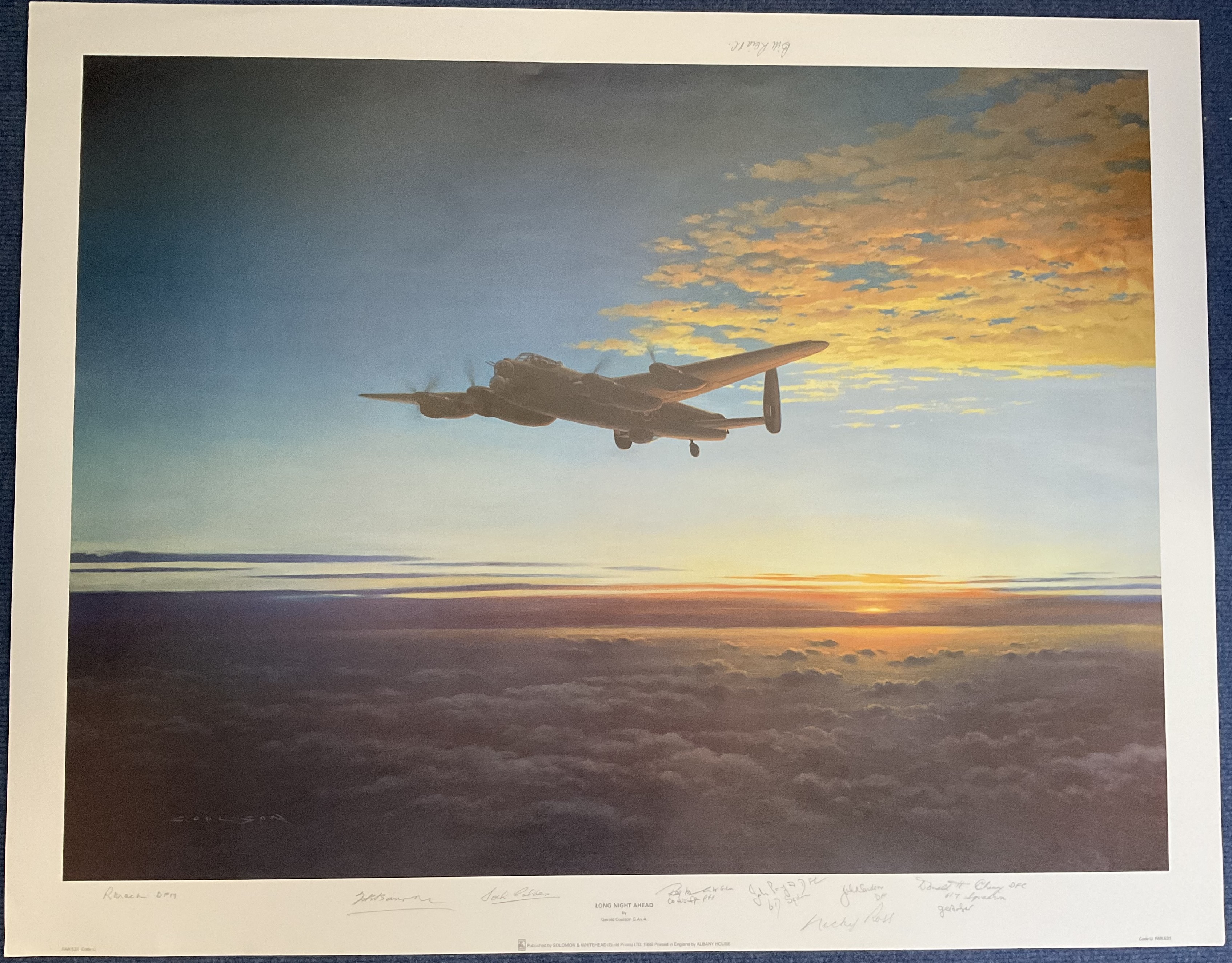 World War Two print 25x33 titled Long Night Ahead by the artist Gerald Coulson signed by 10 bomber