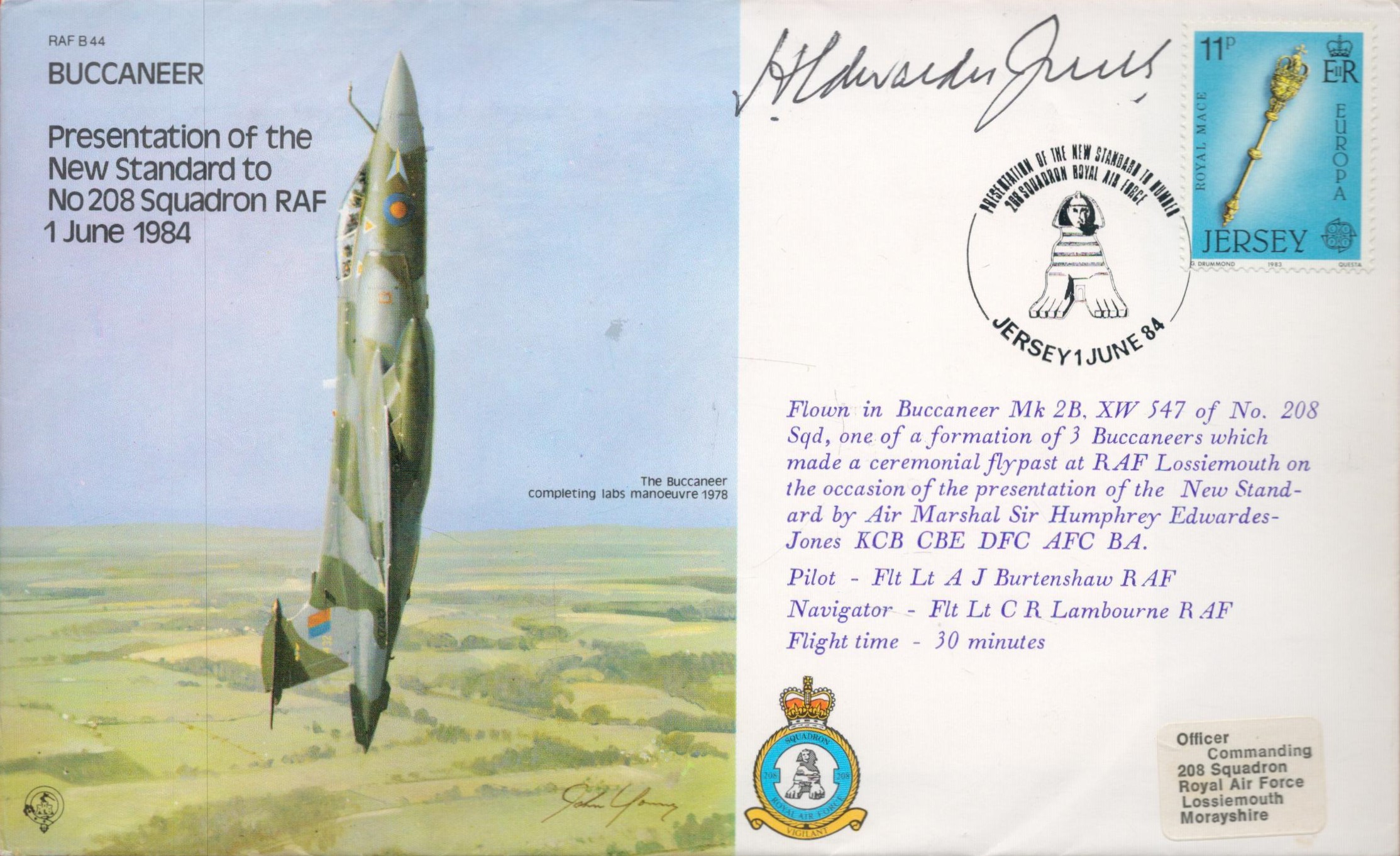 Air Marshal Sir Humphrey Edwardes Jones Signed Buccaneer First Day Cover. Jersey Stamp and