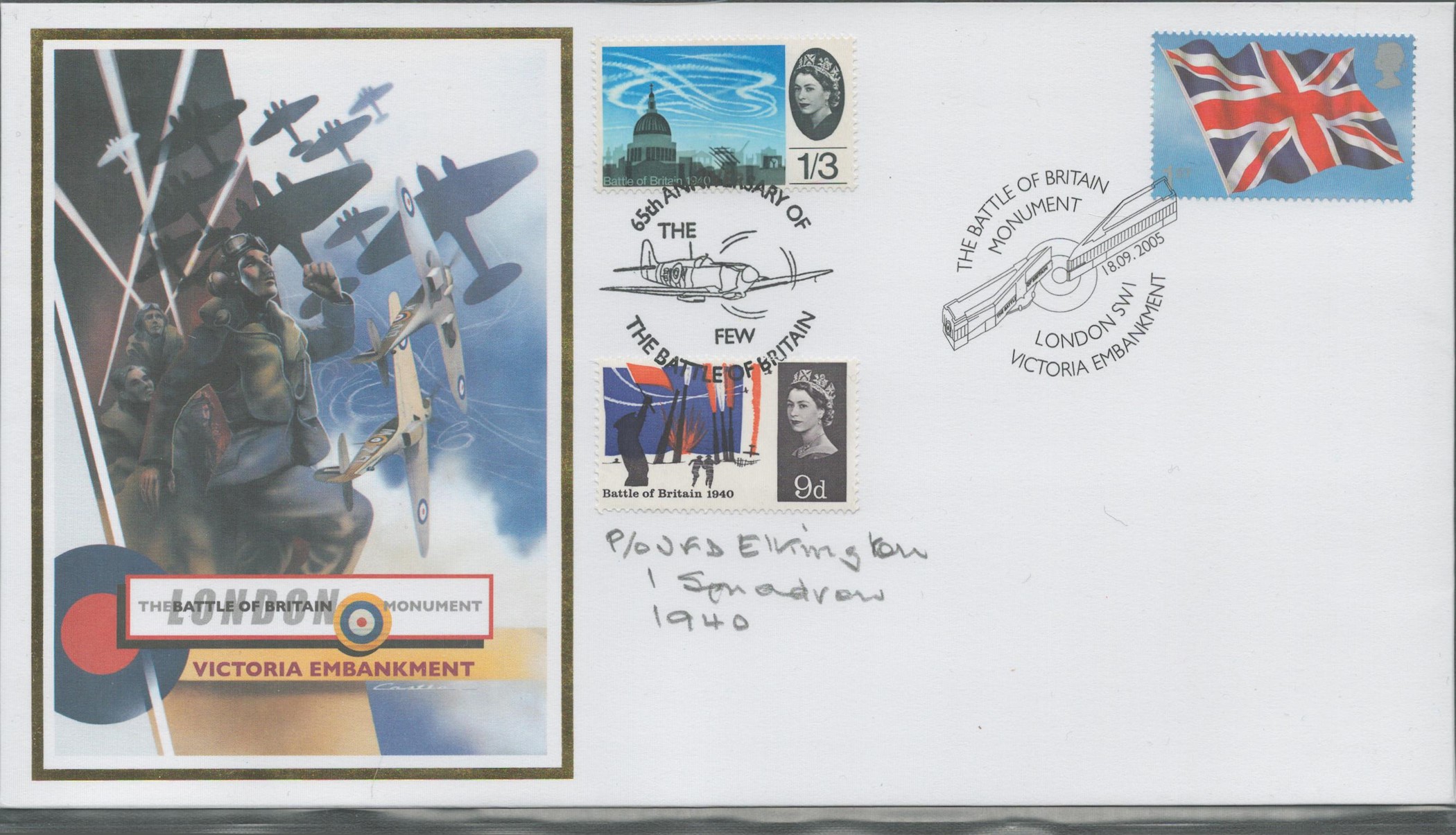 Wg Cdr Tim Elkington Signed The Battle of Britain London Monument First Day Cover. 3 British