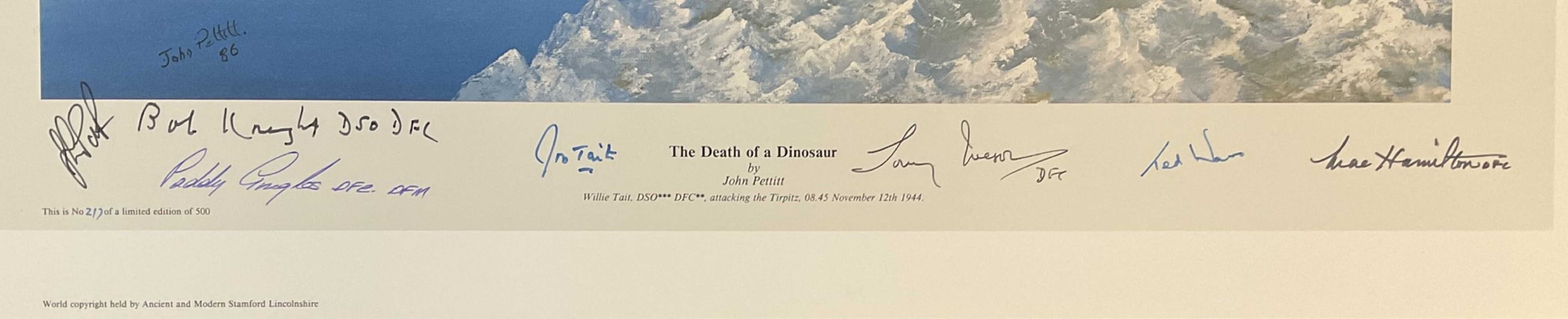 WW2 7 Signed The Death of a Dinosaur Colour 23x18 inches Print by John Pettitt. Signatories - Image 2 of 2