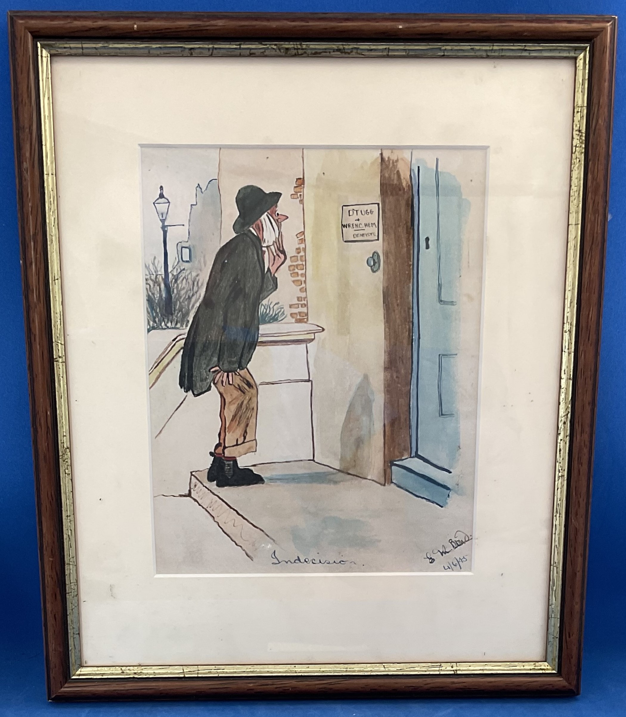 G M Bond Signed Original Drawing Titled Indecision on 4/6/45, Housed in a Frame Measuring 11 x 9