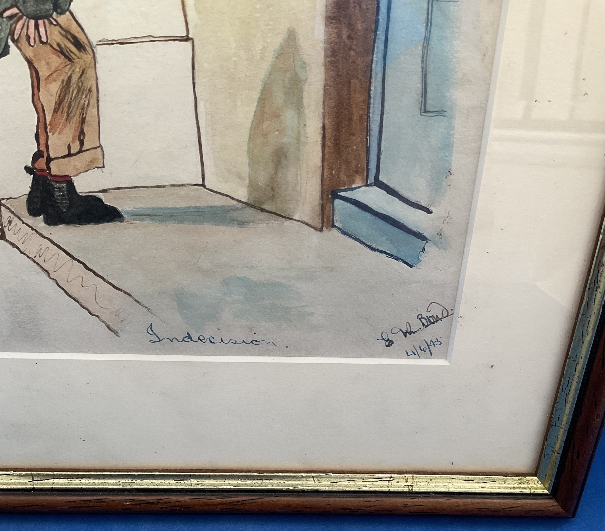 G M Bond Signed Original Drawing Titled Indecision on 4/6/45, Housed in a Frame Measuring 11 x 9 - Image 2 of 2