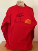 Geoff Hurst and Martin Peters Signed 1966 England Red Retro World Cup Winners Shirt. Size Large.