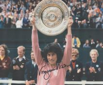 Virginia Wade signed 10x8 vintage colour photo pictured lifting the Wimbledon Ladies singles trophy.