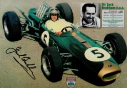Sir Jack Brabham signed 8x6 colour photo card. Good condition. All autographs come with a