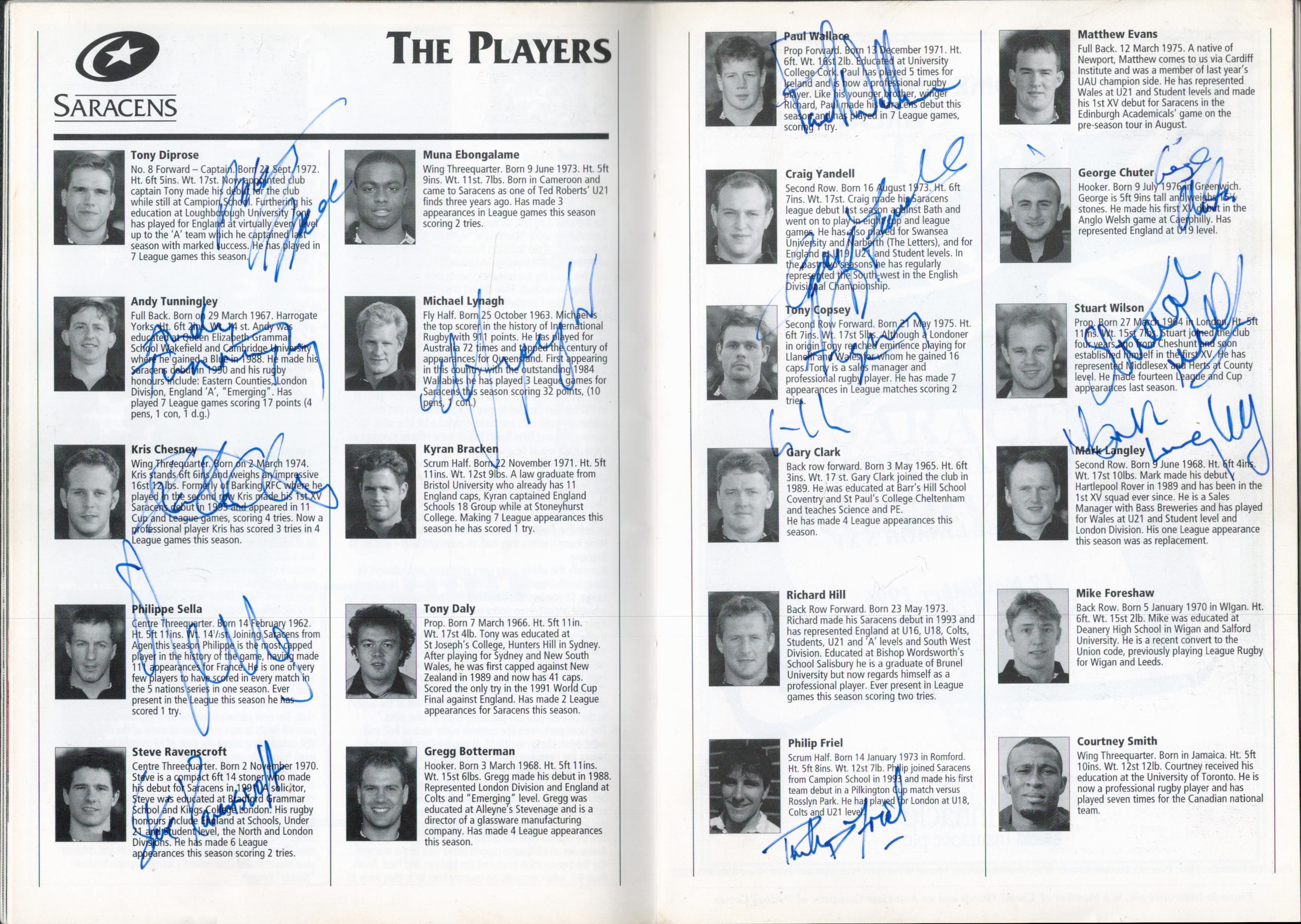 Match programme Signed for A Michael Lynagh XV. v. Queensland (1996 1997) Signed by 14 players on