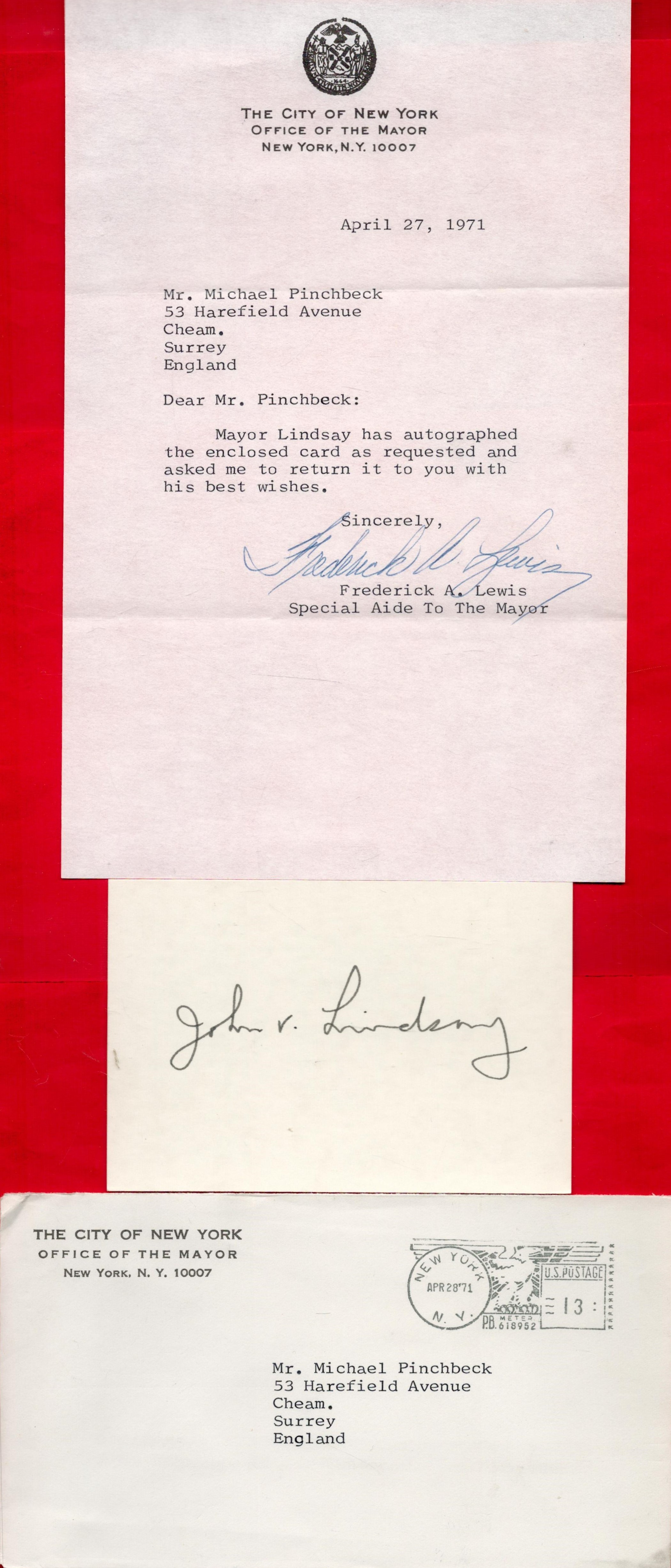 John Vliet Lindsay signed card and typed letter on Mayor New York stationary with original mailing