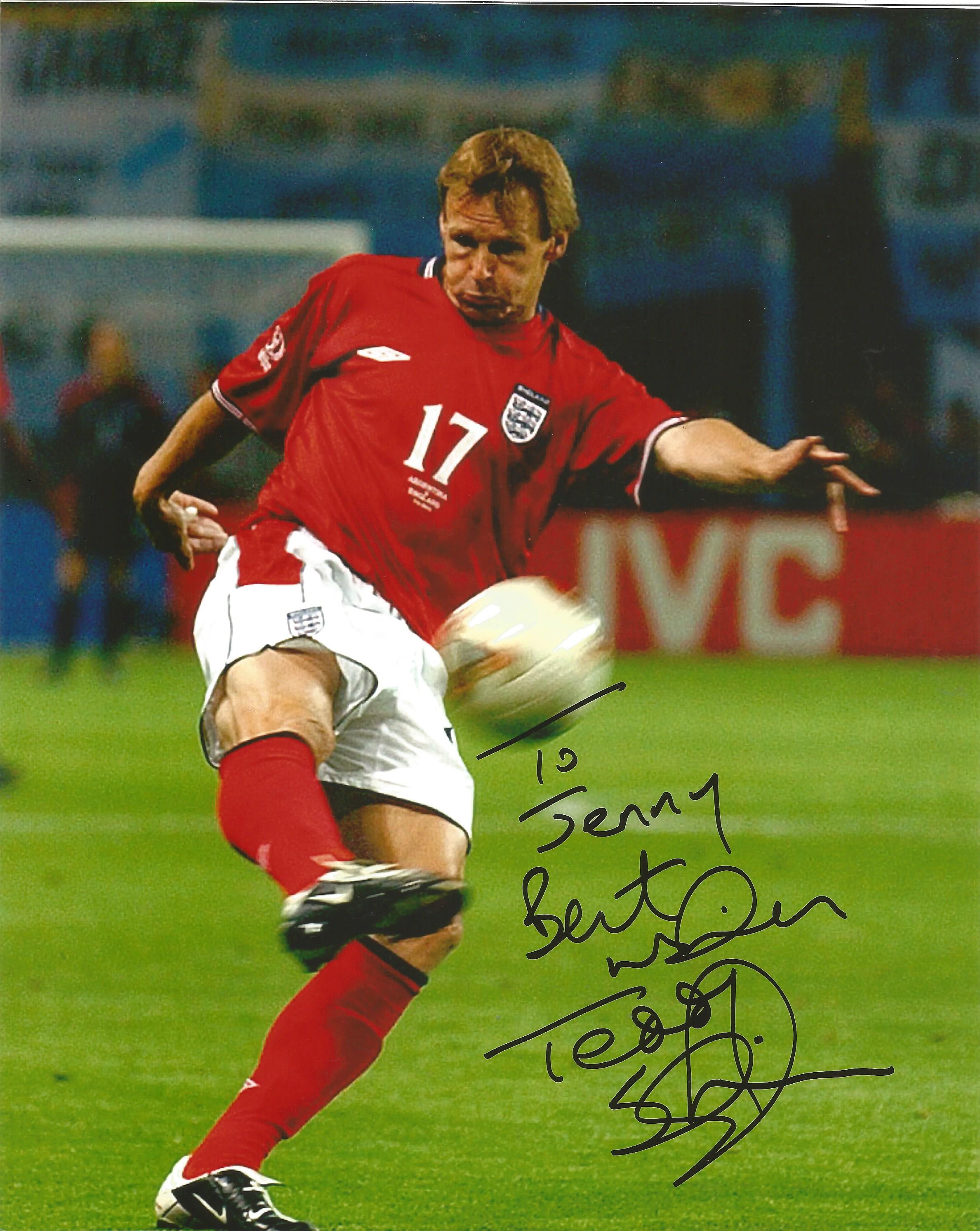 Teddy Sheringham signed 10x8 colour photo. Dedicated. Good condition. All autographs come with a
