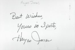 Hayes Jones white card (measuring 6"x4") nicely signed in black pen by American Olympic hero -