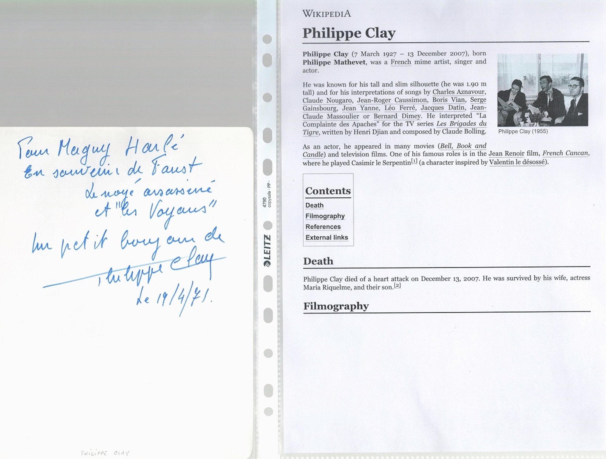 Philippe Clay signed handwritten note/letter. Comes with Wikipedia page. Clay (7 March 1927 - 13