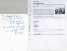 Philippe Clay signed handwritten note/letter. Comes with Wikipedia page. Clay (7 March 1927 - 13