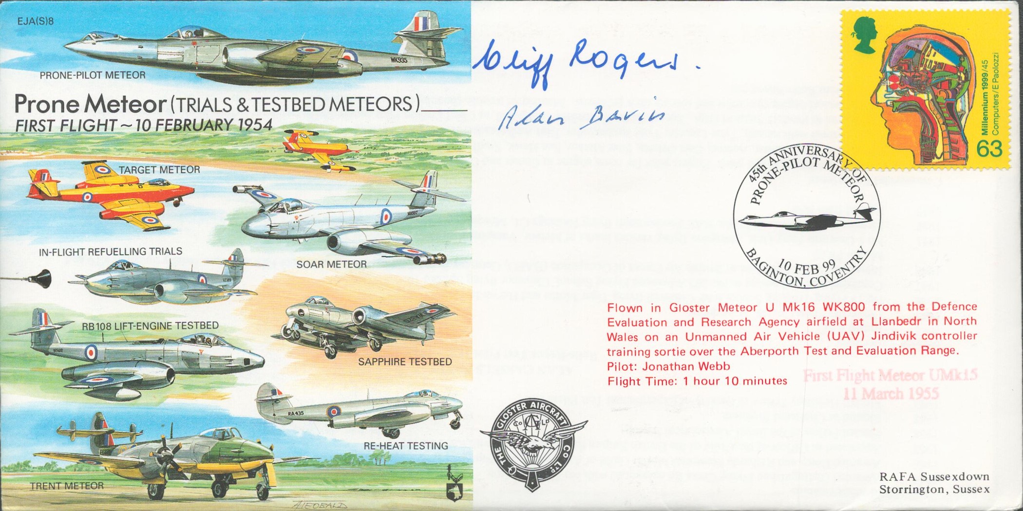 Cliff Rogers and Alan Bavin Signed Prone Meteor- First Flight 10 February 1954 FDC. British Stamp