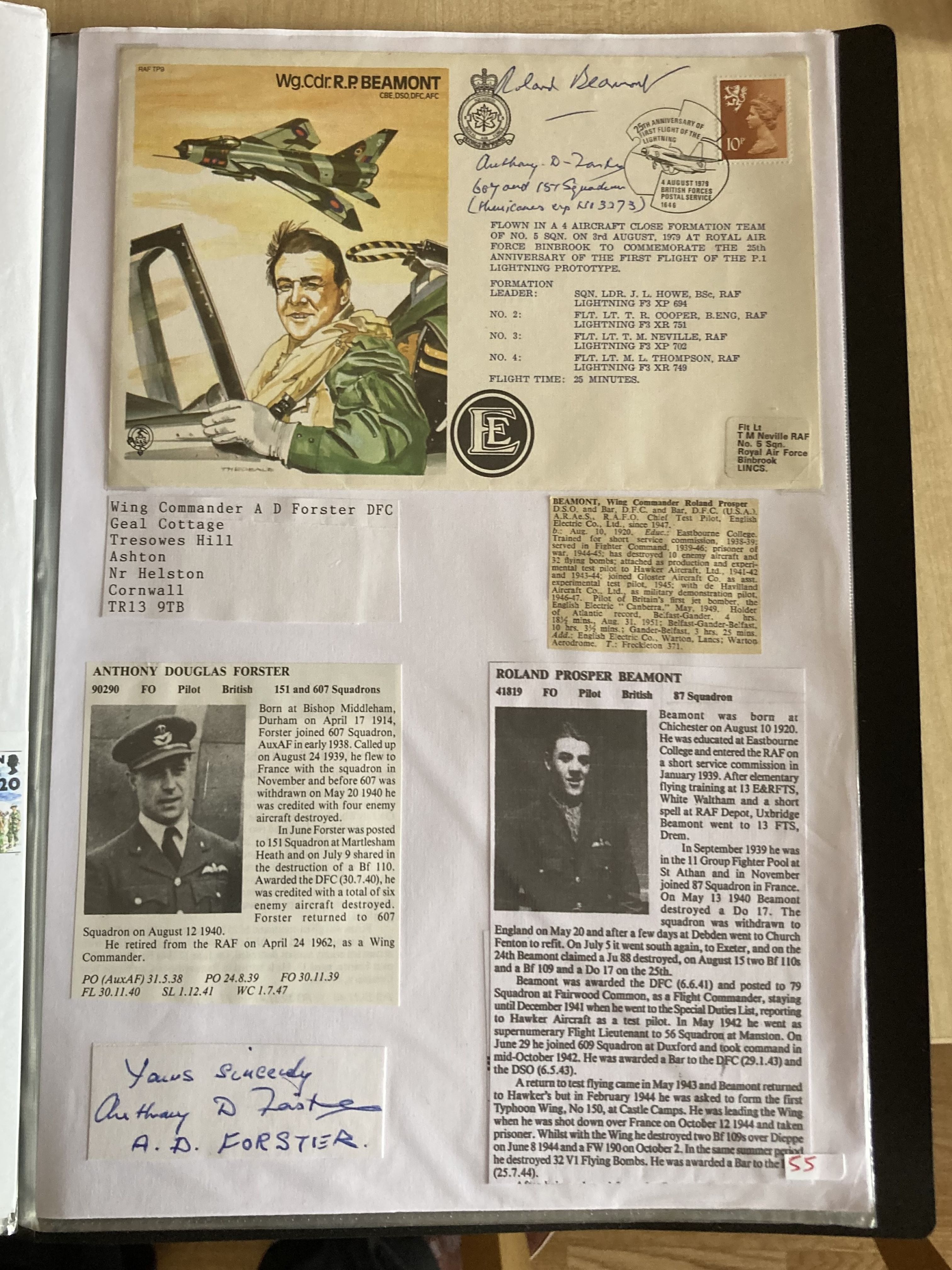 WW2 BOB fighter pilots Anthony Foster 151 sqn and Roland Beamont 87 sqn signed on Beamont test pilot