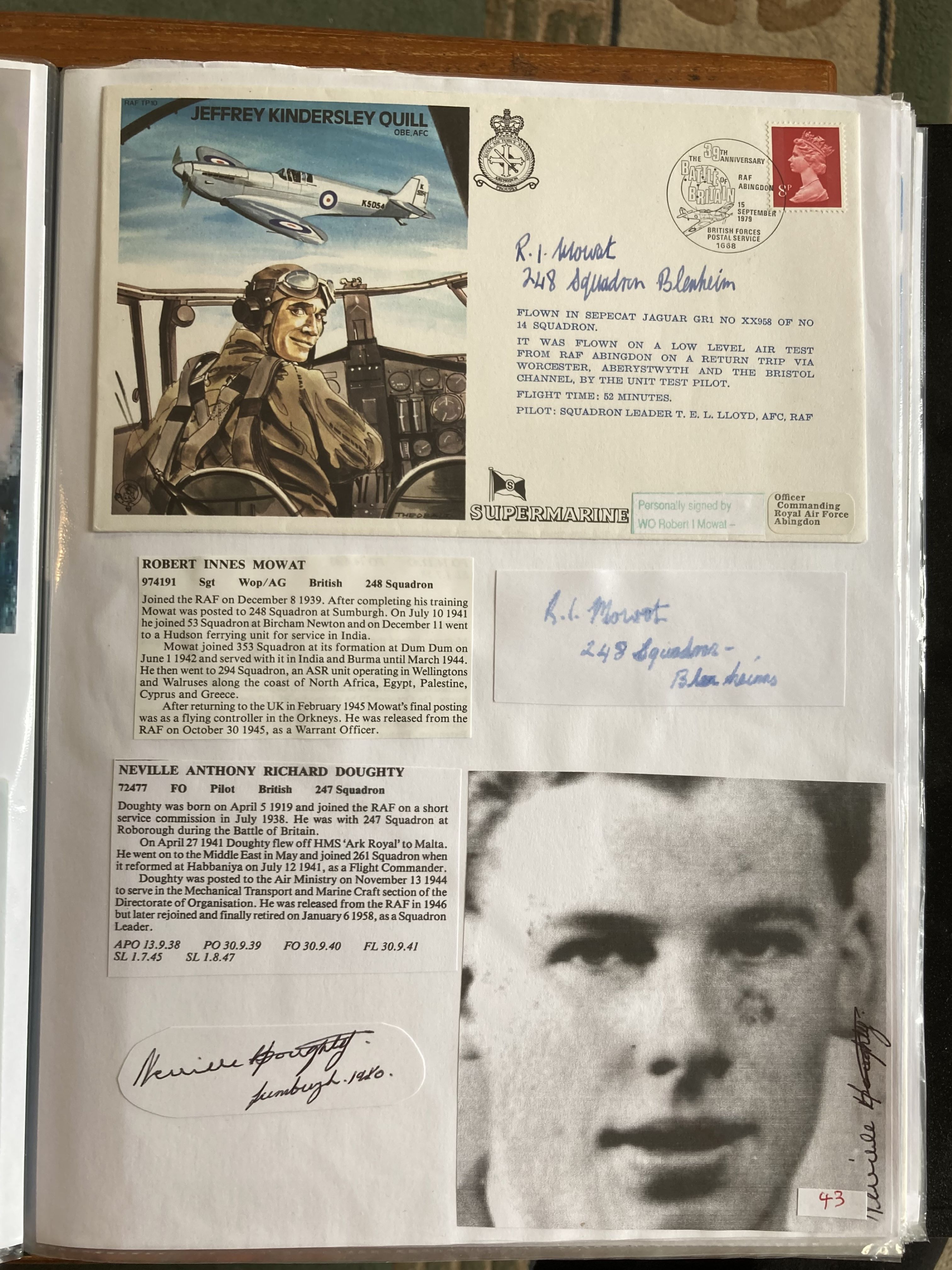 WW2 BOB fighter pilot Robert Mowat 248 sqn signed Jeffrey Quill cover and signature of Neville