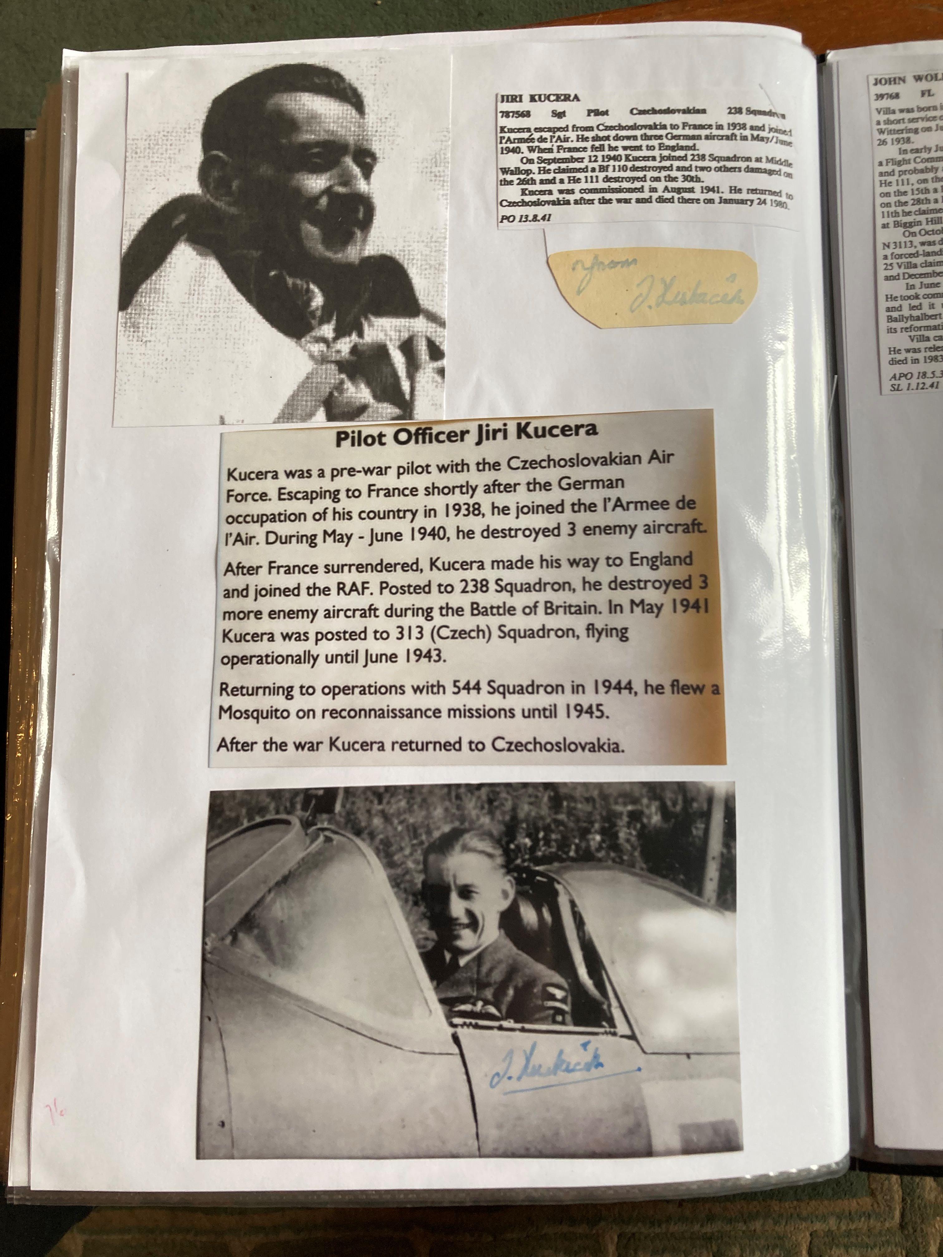 WW2 BOB fighter pilot Jiri Kucera signature and signed photo fixed with biography to A4 pageGood