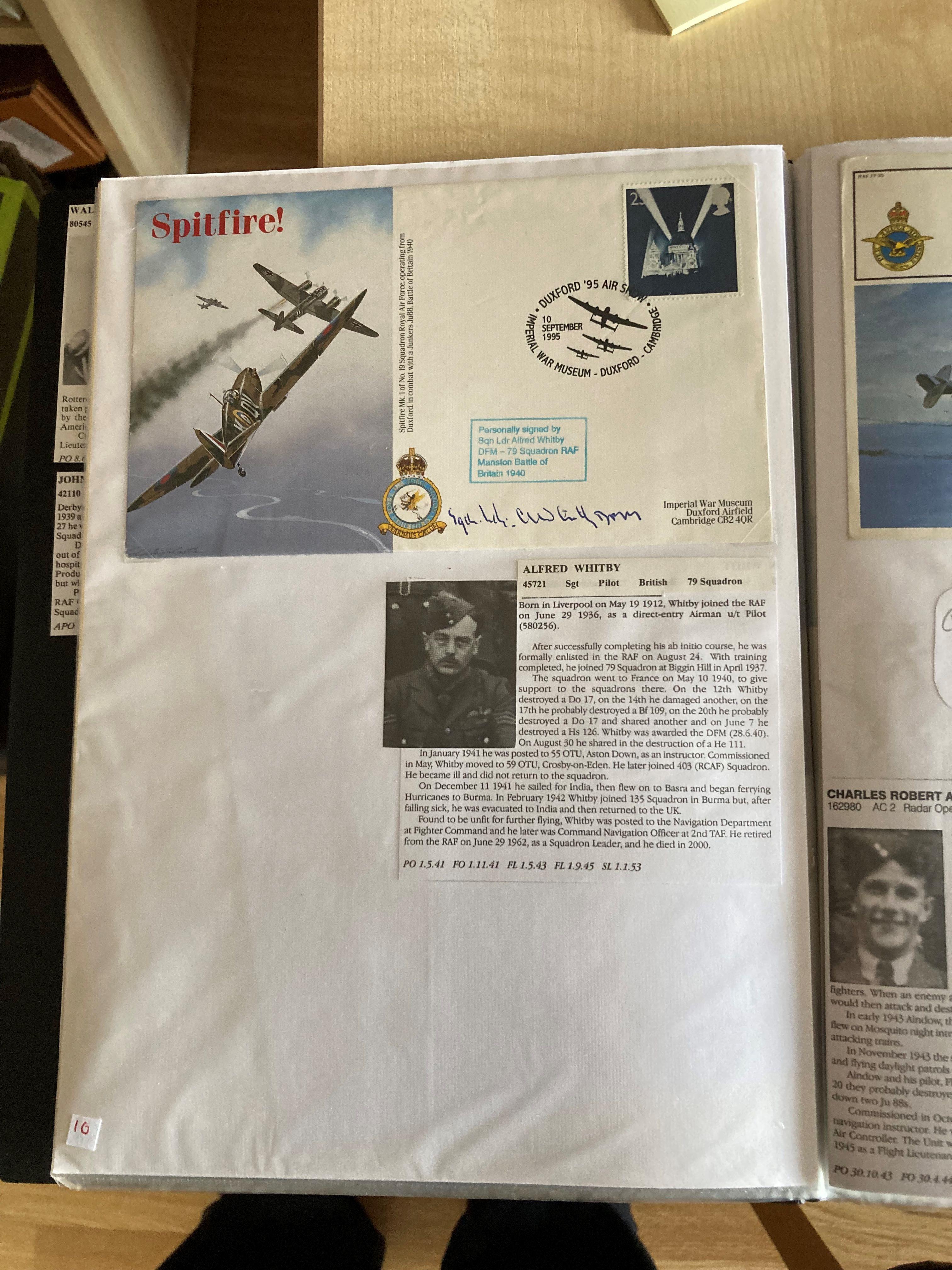 WW2 BOB fighter pilot Alfred Whitby 79 sqn signed Spitfire cover fixed with biographies to A4