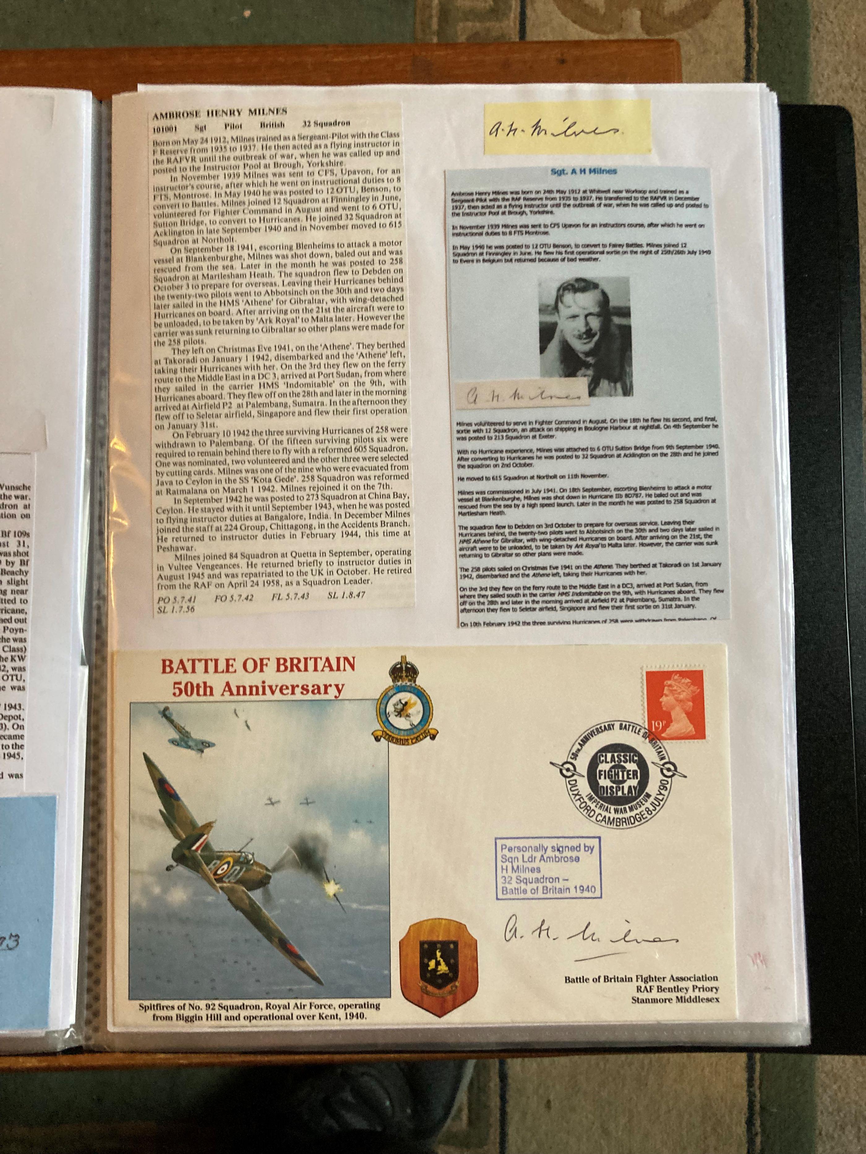 WW2 BOB fighter pilot Ambrose Milnes 32 sqn signature and signed 50th ann BOB cover fixed with