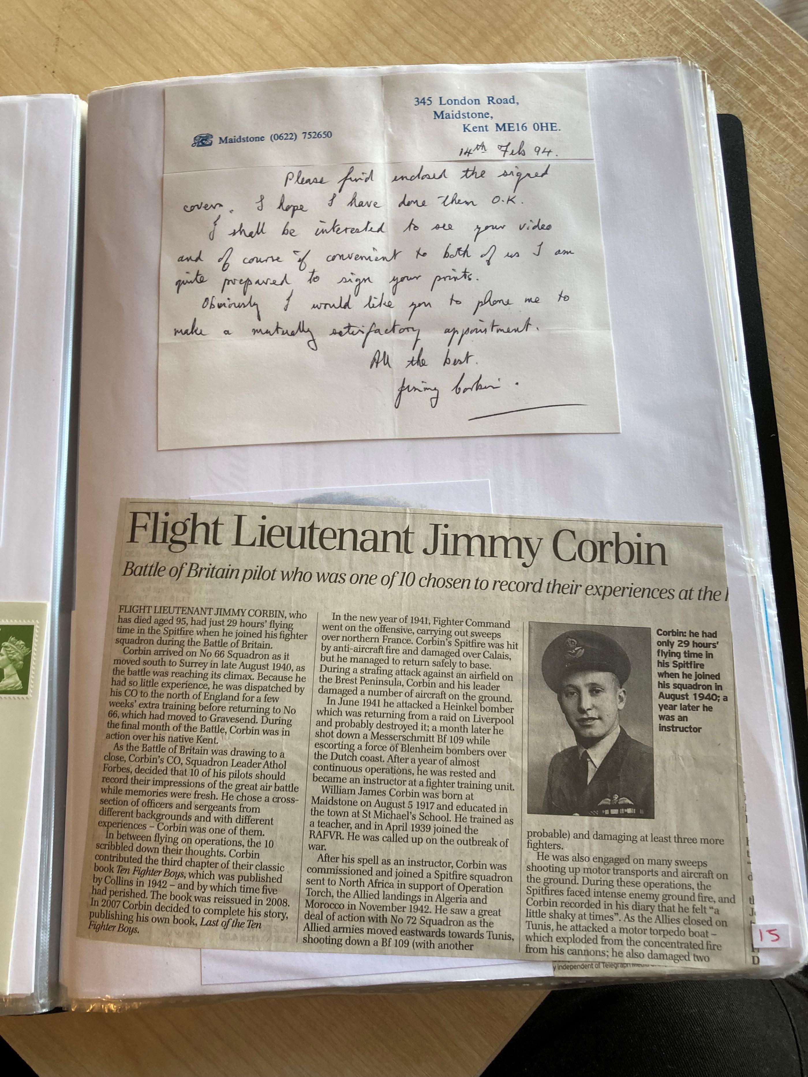 WW2 BOB fighter pilots Jimmy Corbin 6 sqn hand written note fixed with biographies to A4 pageGood