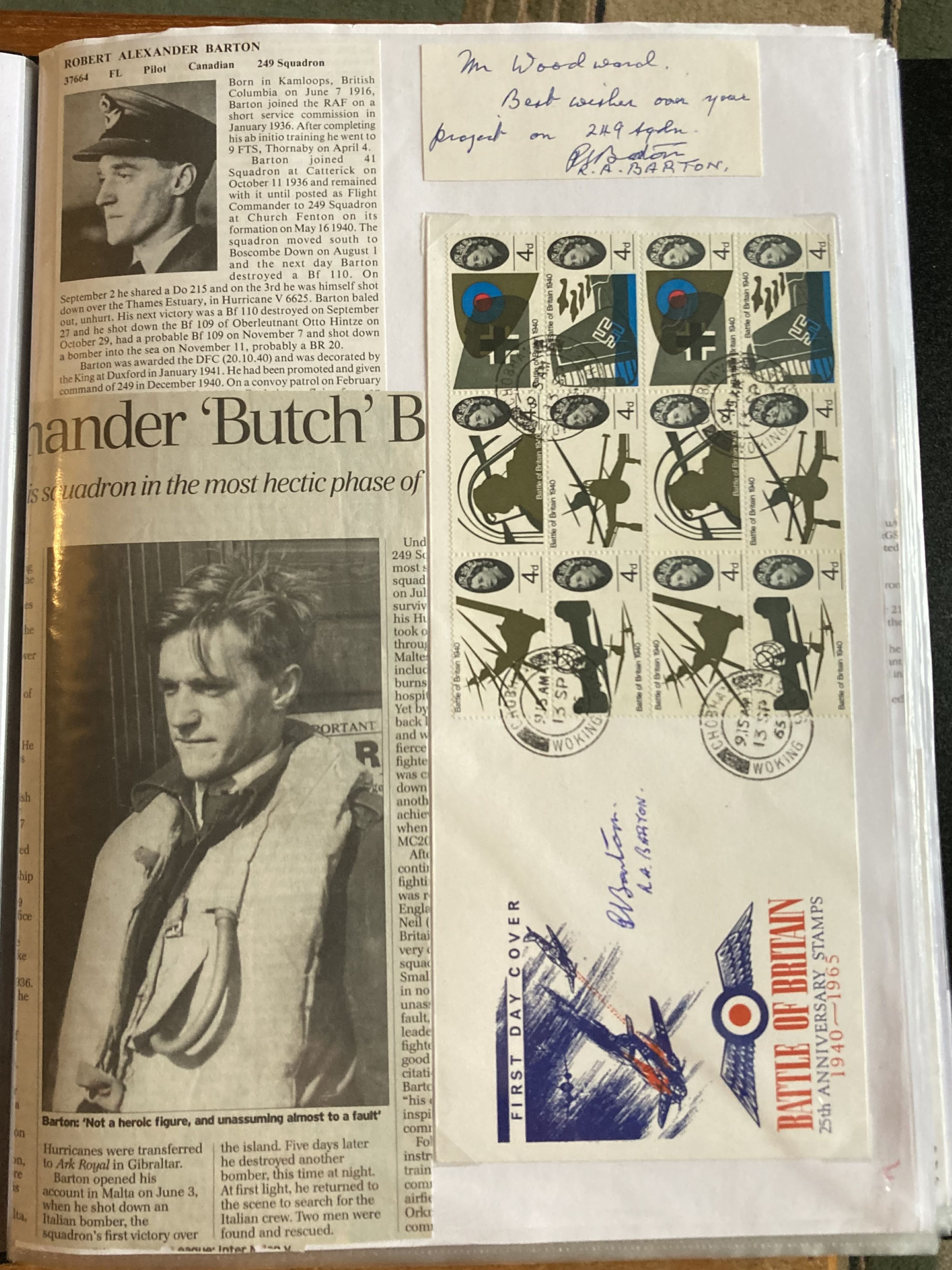 WW2 BOB fighter pilot Robert Barton 249 sqn signature and signed 1965 BOB FDC fixed with biography