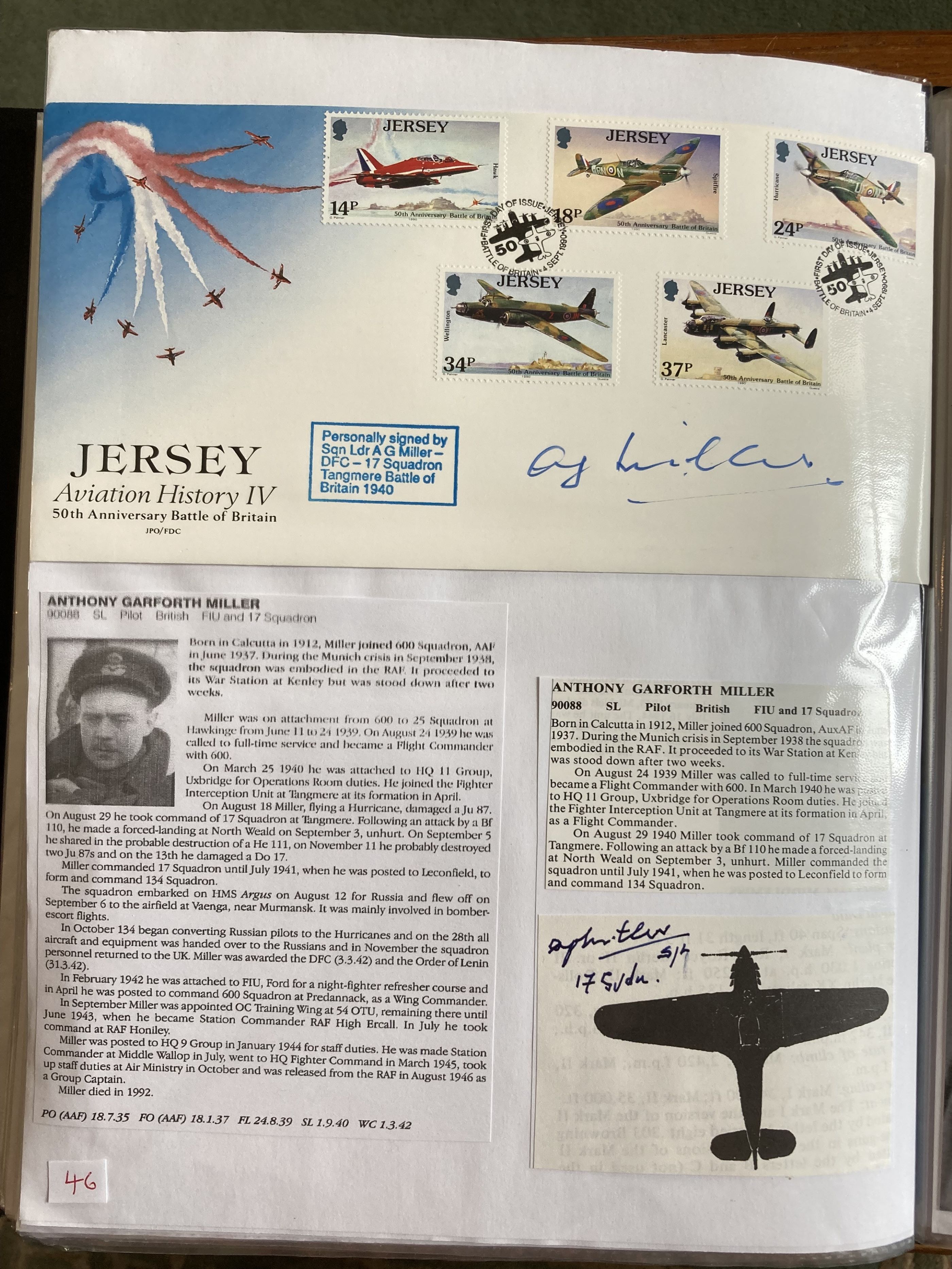 WW2 BOB fighter pilots Anthony Miller FIU sqn signed Aviation FDC and signature fixed with biography