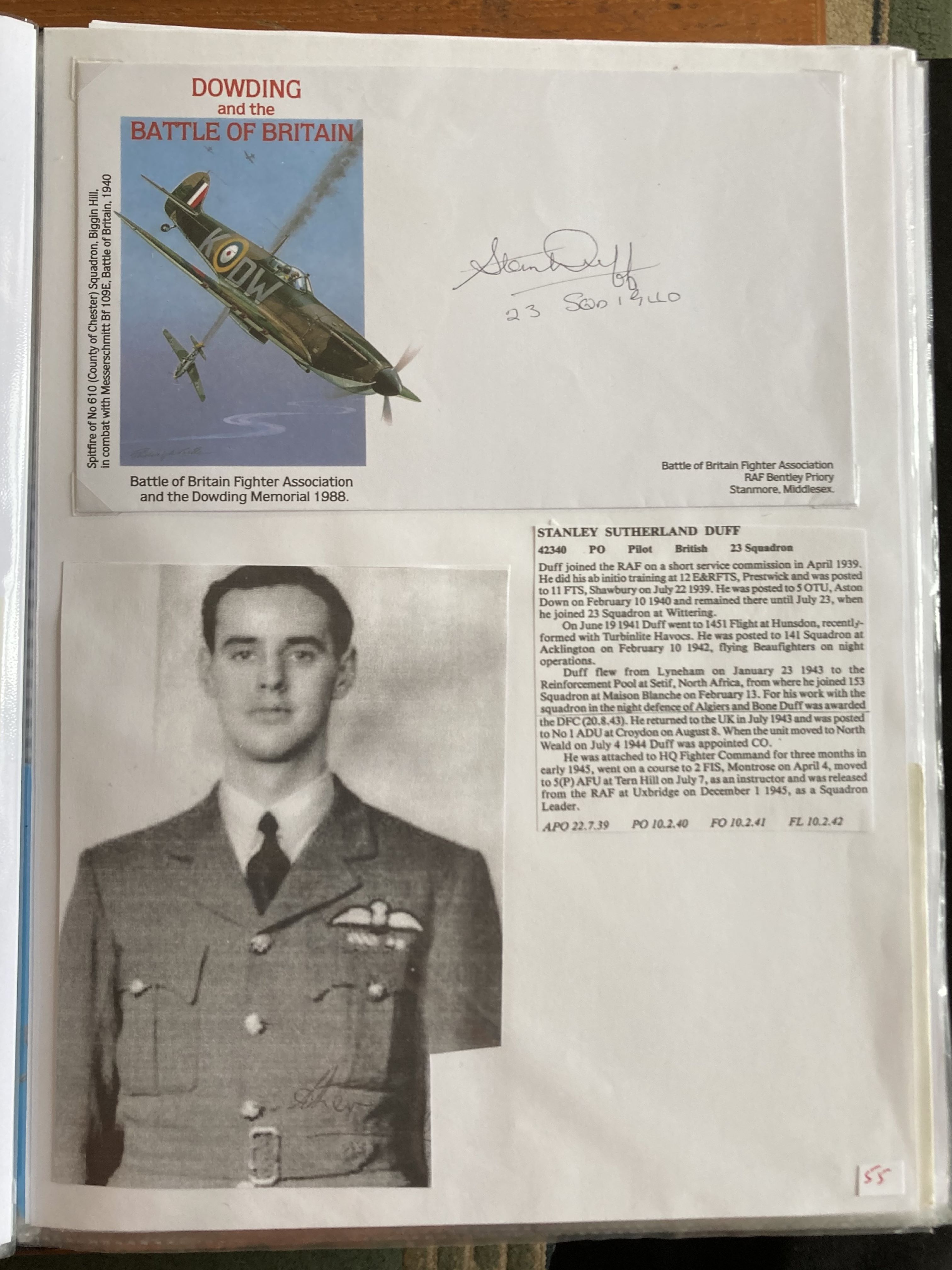WW2 BOB fighter pilots Stanley Duff 23 sqn signed Dowding, and BOB cover fixed with biography to
