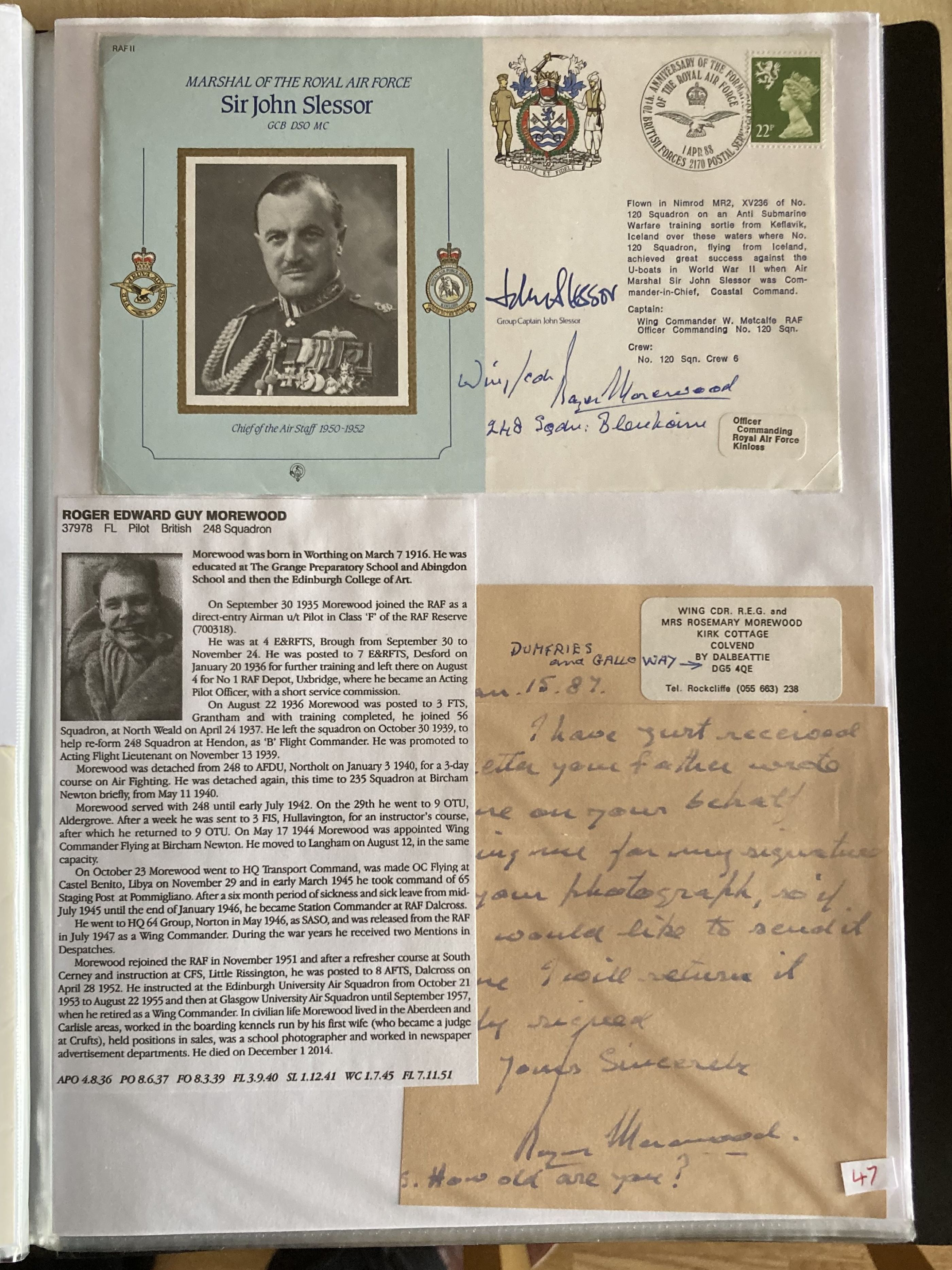 WW2 BOB fighter pilots Roger Morewood 248 sqn hand written letter and John Slessor signed cover