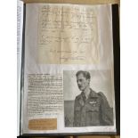 WW2 BOB fighter pilot Geoffrey Pitman hand written note and signature fixed with biographies to A4