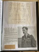 WW2 BOB fighter pilot Geoffrey Pitman hand written note and signature fixed with biographies to A4