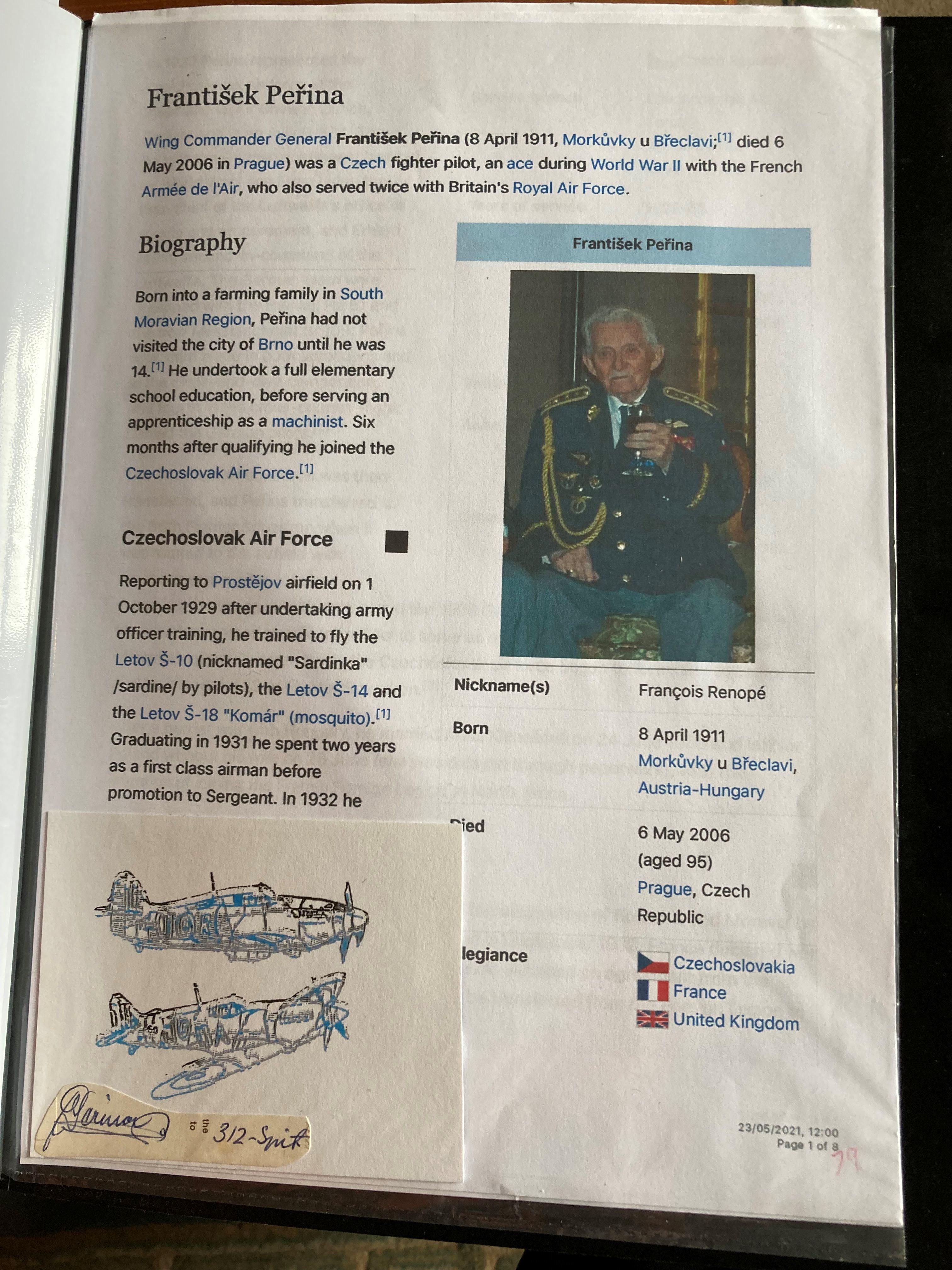 WW2 BOB fighter pilot Frantisek Perina 312 sqn signed card fixed with biography to A4 pageGood