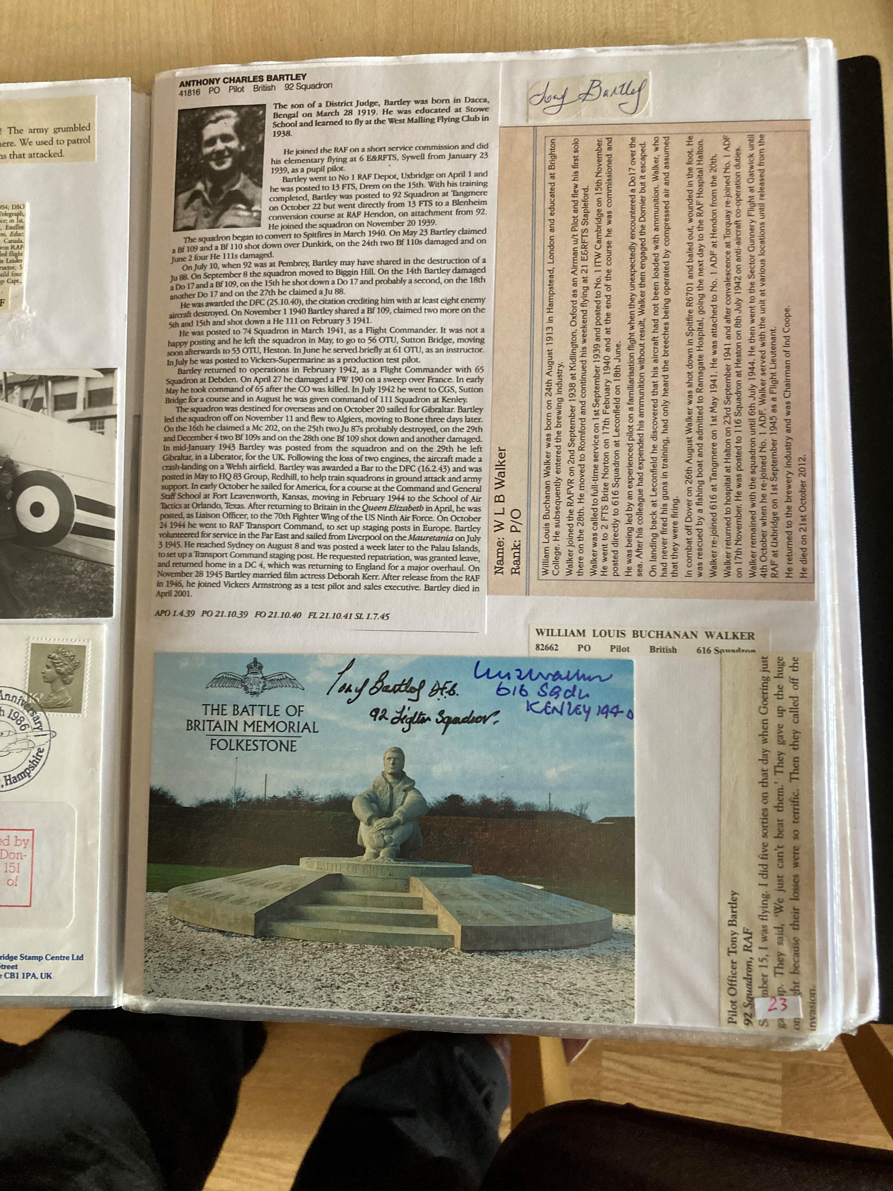 WW2 BOB fighter pilots William Walker 616 sqn, Anthony Bartley 92 sqn signed BOB Memorial postcard