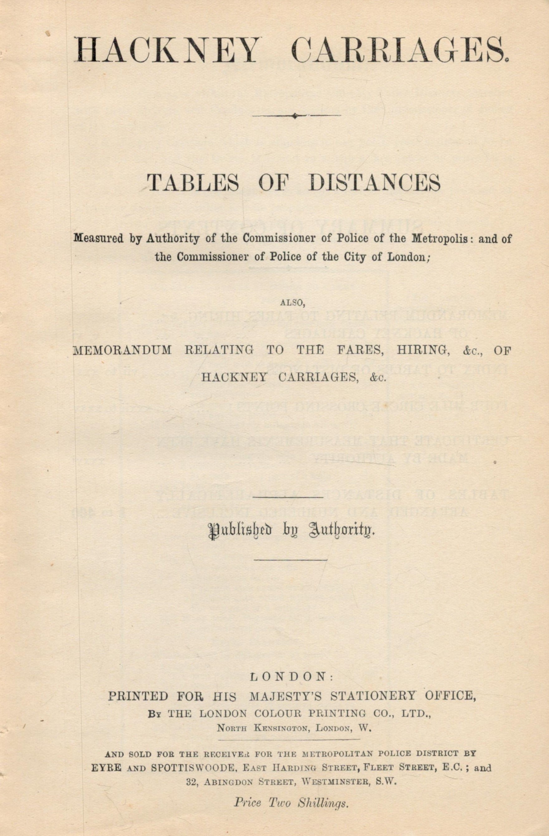 Hackney Carriages. Tables of distance measured by authority of the Commissioner of Police of the - Image 2 of 2