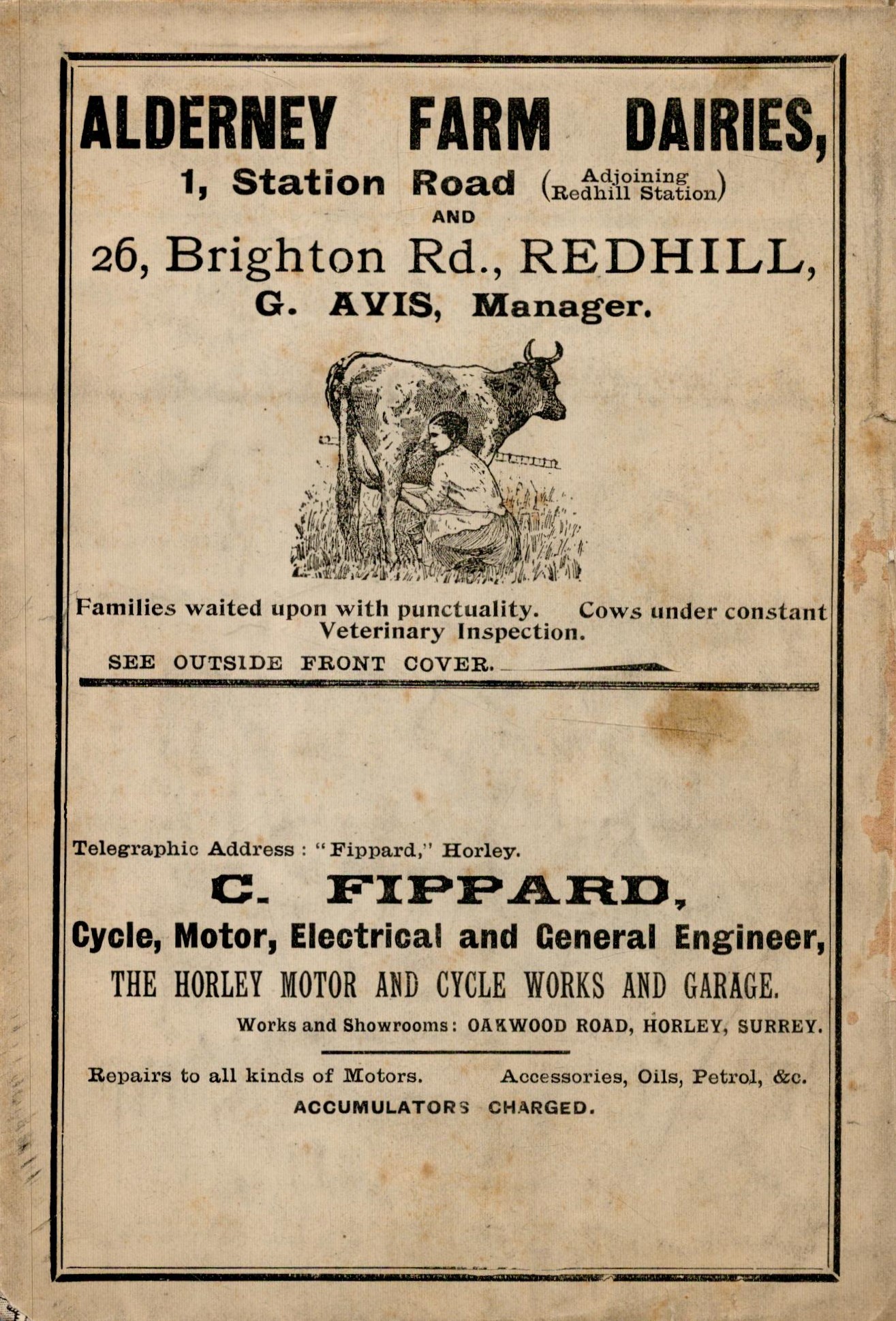 Map of Redhill and Reigate. Measuring 20 x 15 approximately. Circa 1900. Including advertisement.