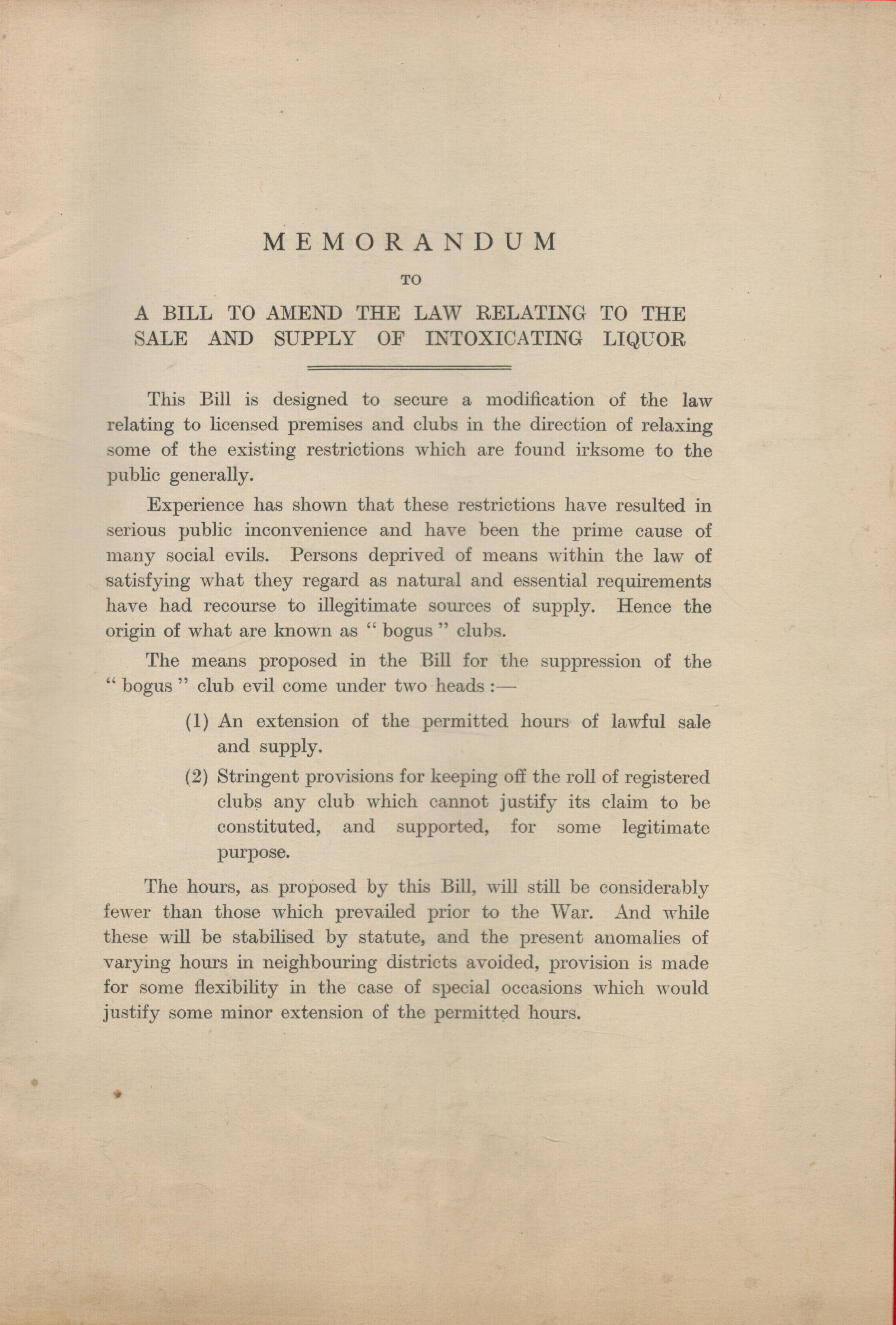 Memorandum: to A Bill to Amend the Law Relating to the Sale of Intoxicating Liquor. Published on six