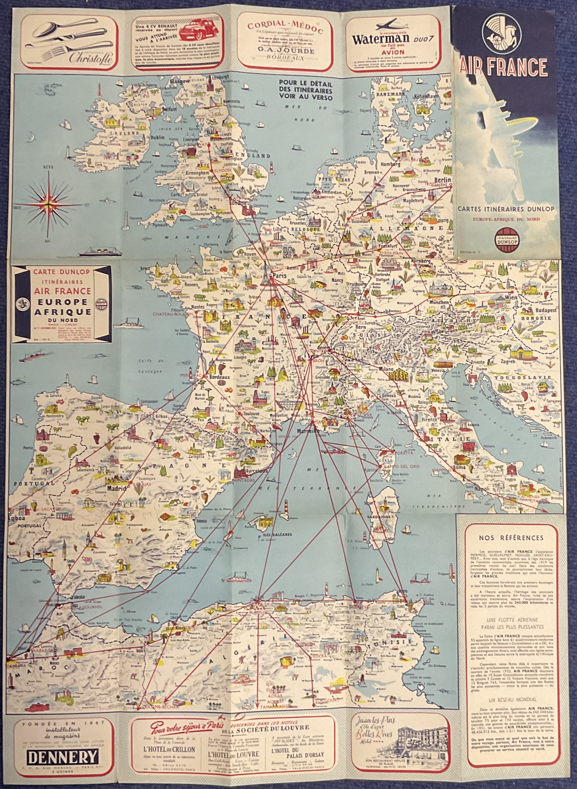 Large folded paper map. Published by Coutes Itinéraires Dunlop. Air France 1952 edition No. 7. - Image 2 of 2