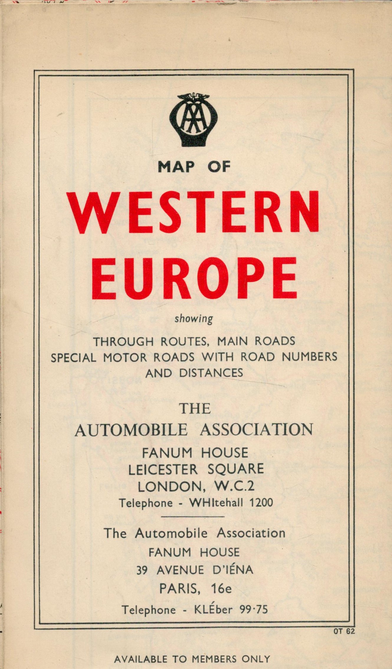 Map of Western Europe. Showing through routes, main roads, special motor routes with road numbers