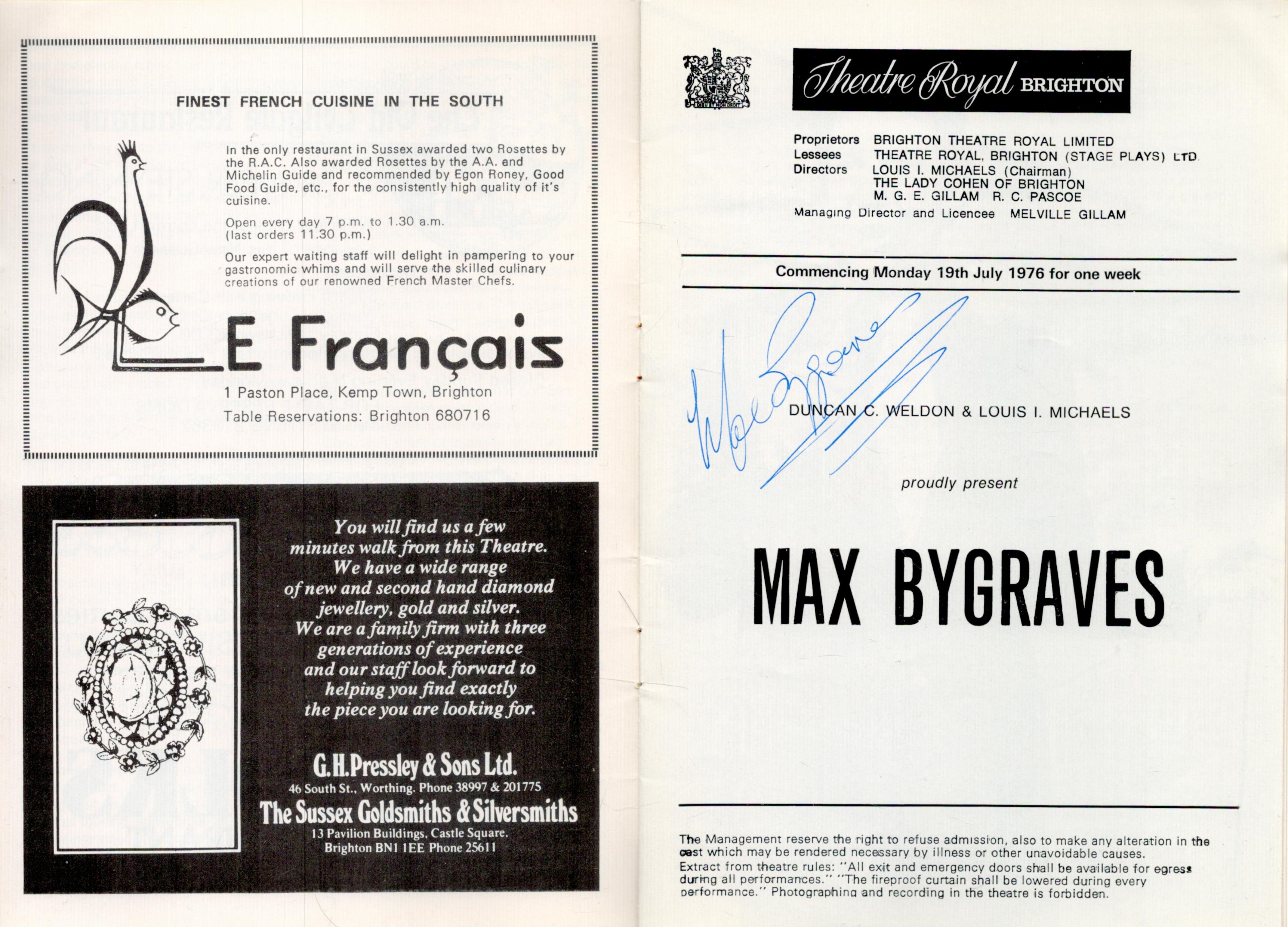 Theatre Royal Brighton programme for Max Bygraves, July 1976. Signed by Max Bygraves. Including 2