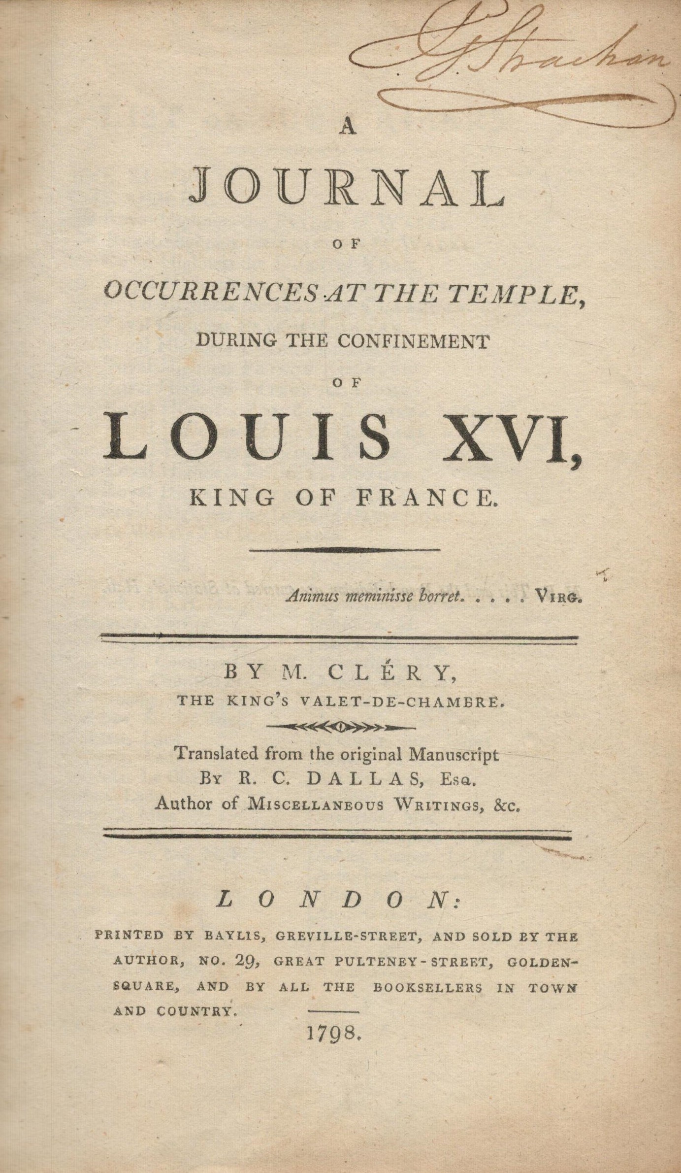 M. Clery A Journal of The Occurrences At The Temple During The Confinement of Louis XVI, King of