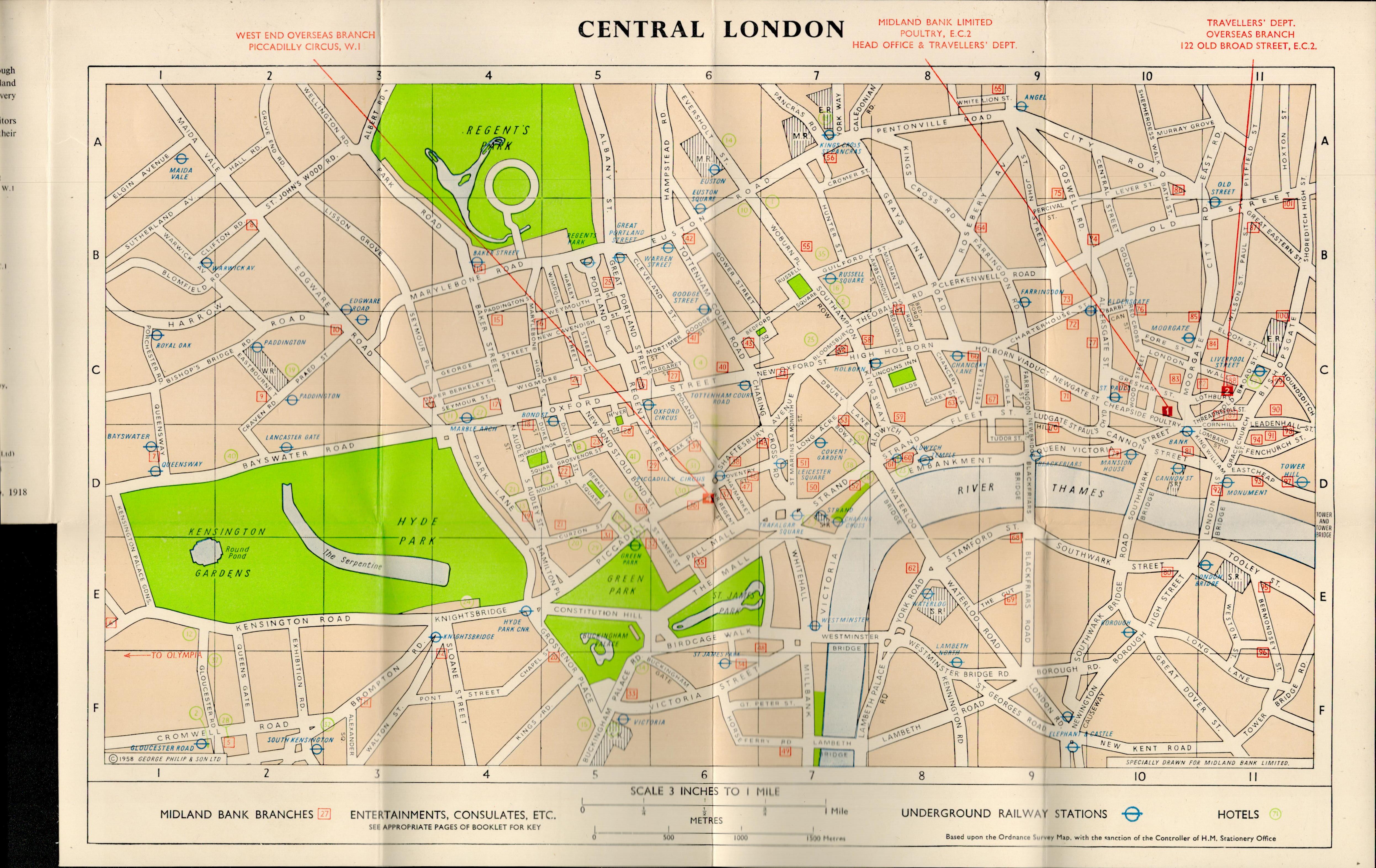 Trafalgar Travel Ltd Midland Bank Map of Central London Circa 1959. Folded map in publisher's slip