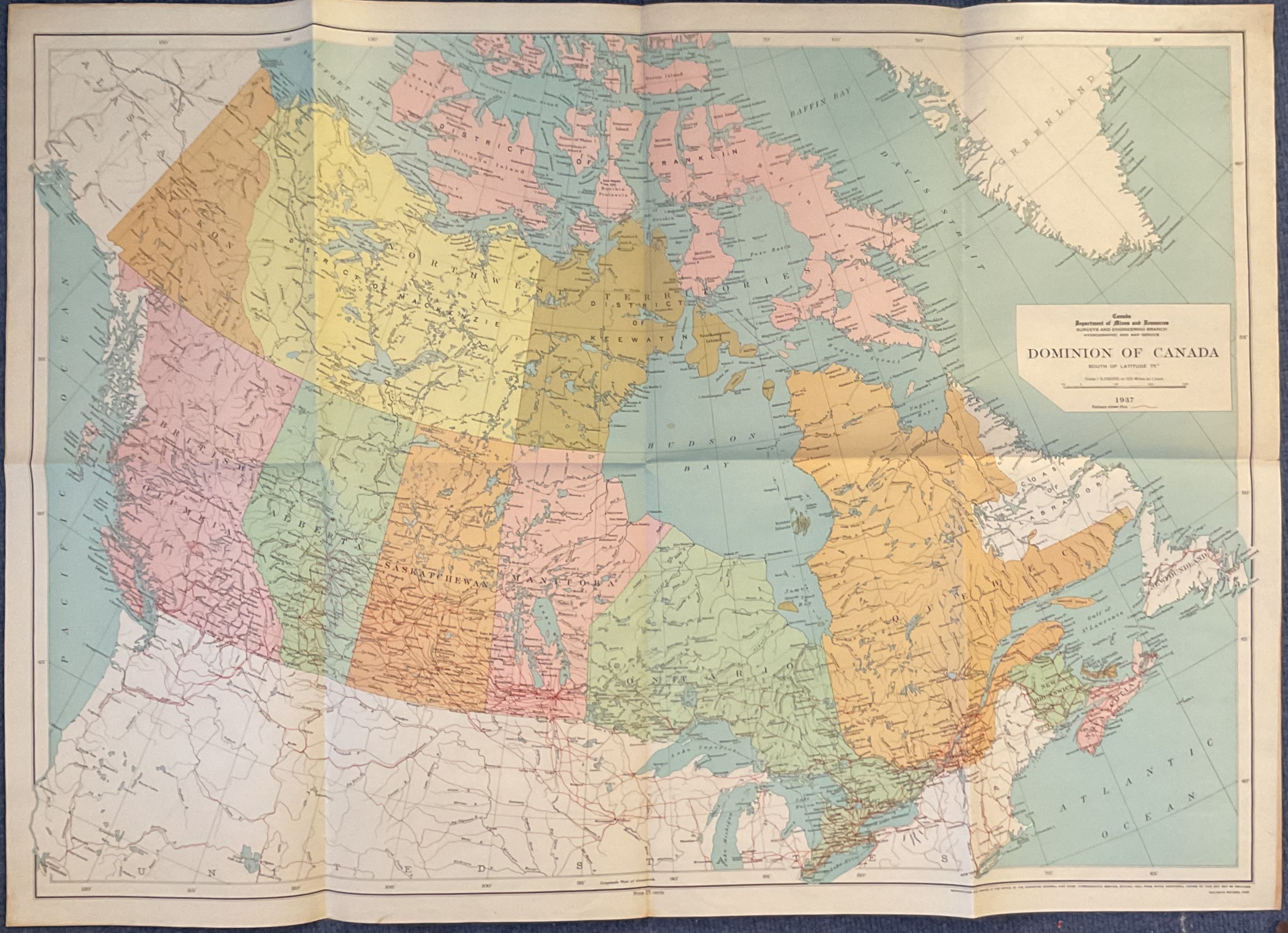 Large, folded map, approximately 35 x 25 of The Dominion of Canada by the Department of mines and