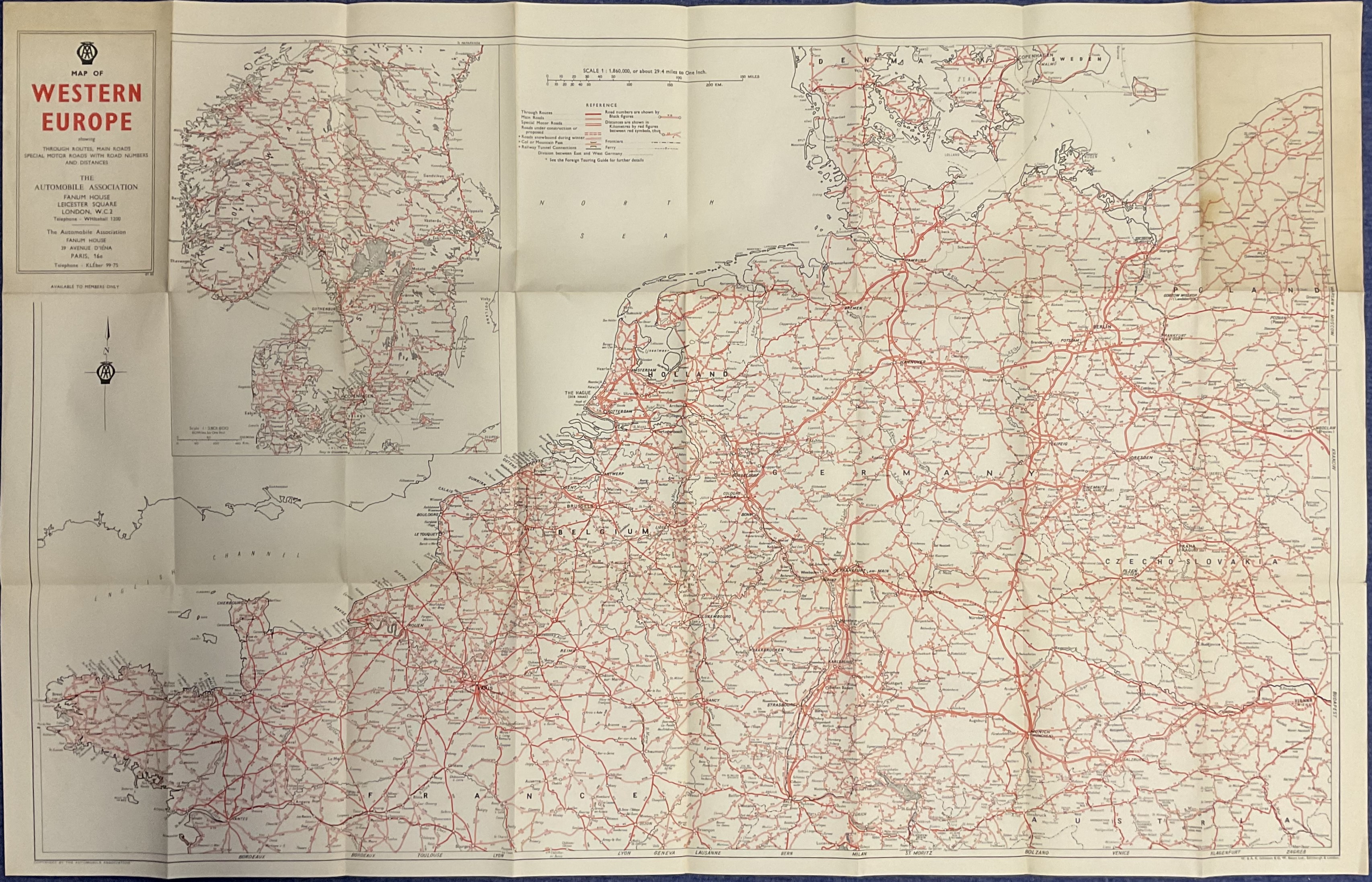 Map of Western Europe. Showing through routes, main roads, special motor routes with road numbers - Image 2 of 2