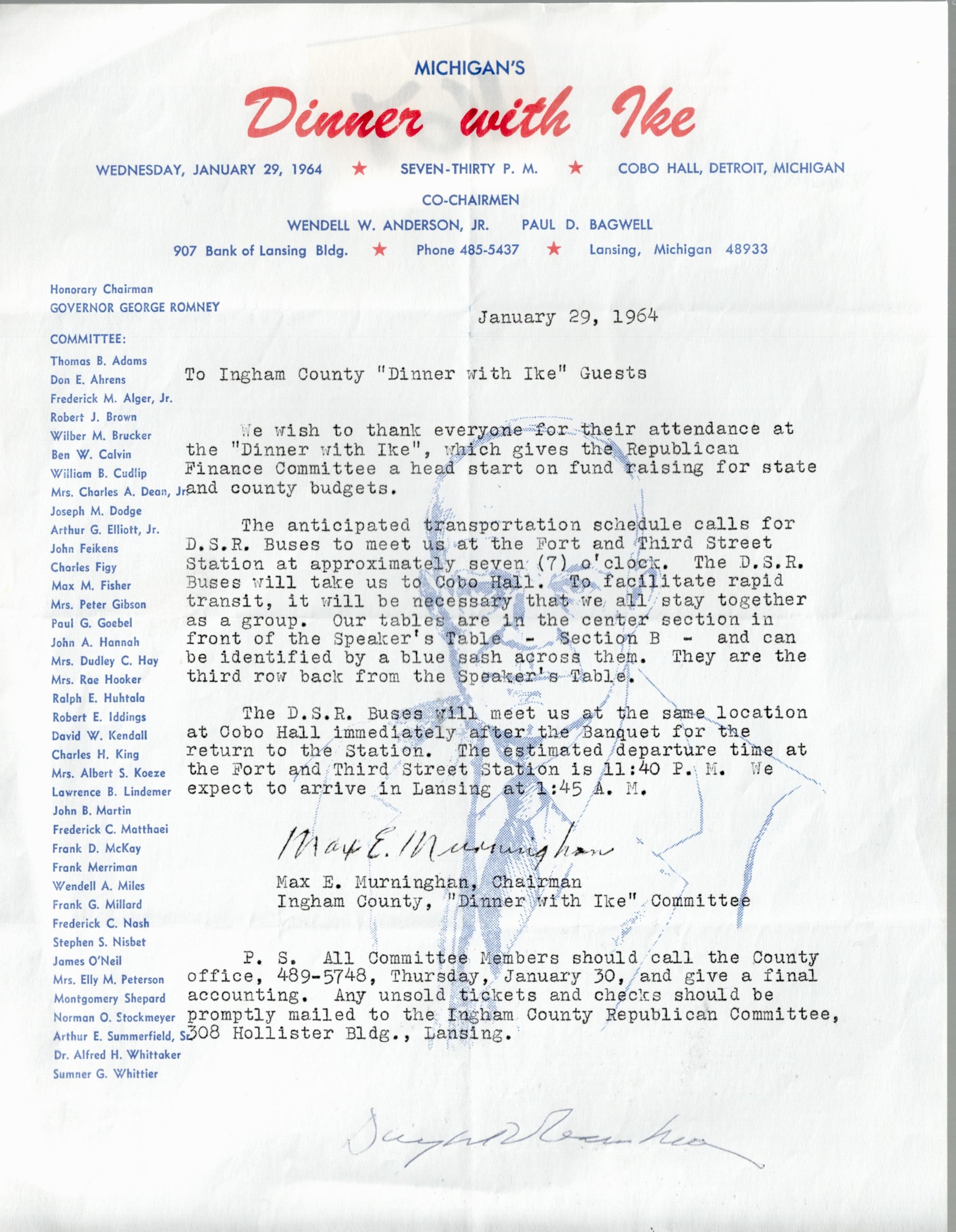 Dwight D. Eisenhower Signed Michigan's Dinner With Ike TLS Dated January 29th 1964. Signed on the