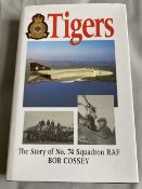 WW2 Ten Battle of Britain pilots signed on two bookplates inside hard back book. Tigers the story of