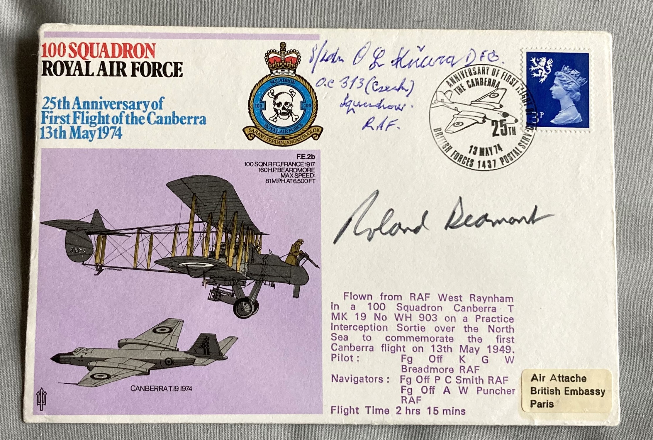 WW2 Rare Battle of Britain pilot Otmar Kucera 111 sqn signed 100 sqn cover also signed by fighter