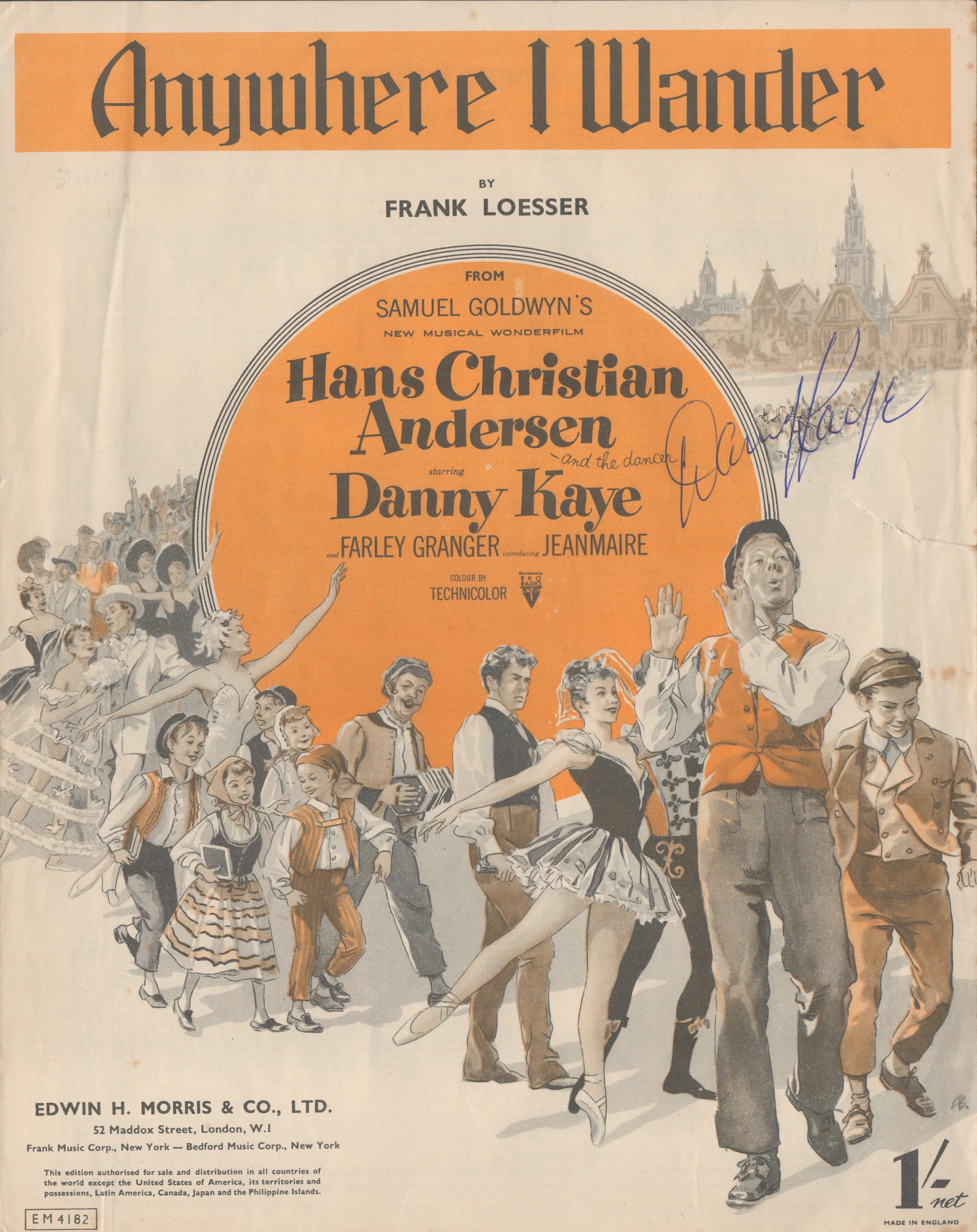 Danny Kaye (1911-1987) Actor Signed Vintage 'Anywhere I Wander' Sheet Music From Hans Christian
