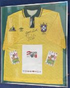 Football Pele signed 33x28 framed and mounted replica Brazil shirt inscribed good luck Pele. Good