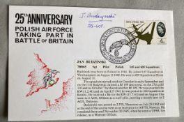 WW2 Rare Battle of Britain pilot Jan Budzinski 145 sqn signed 25th ann Polish RAF card with bio