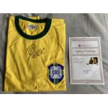 Football legend Pele signed yellow replica 1970 World Cup Football shirt. Good condition. All