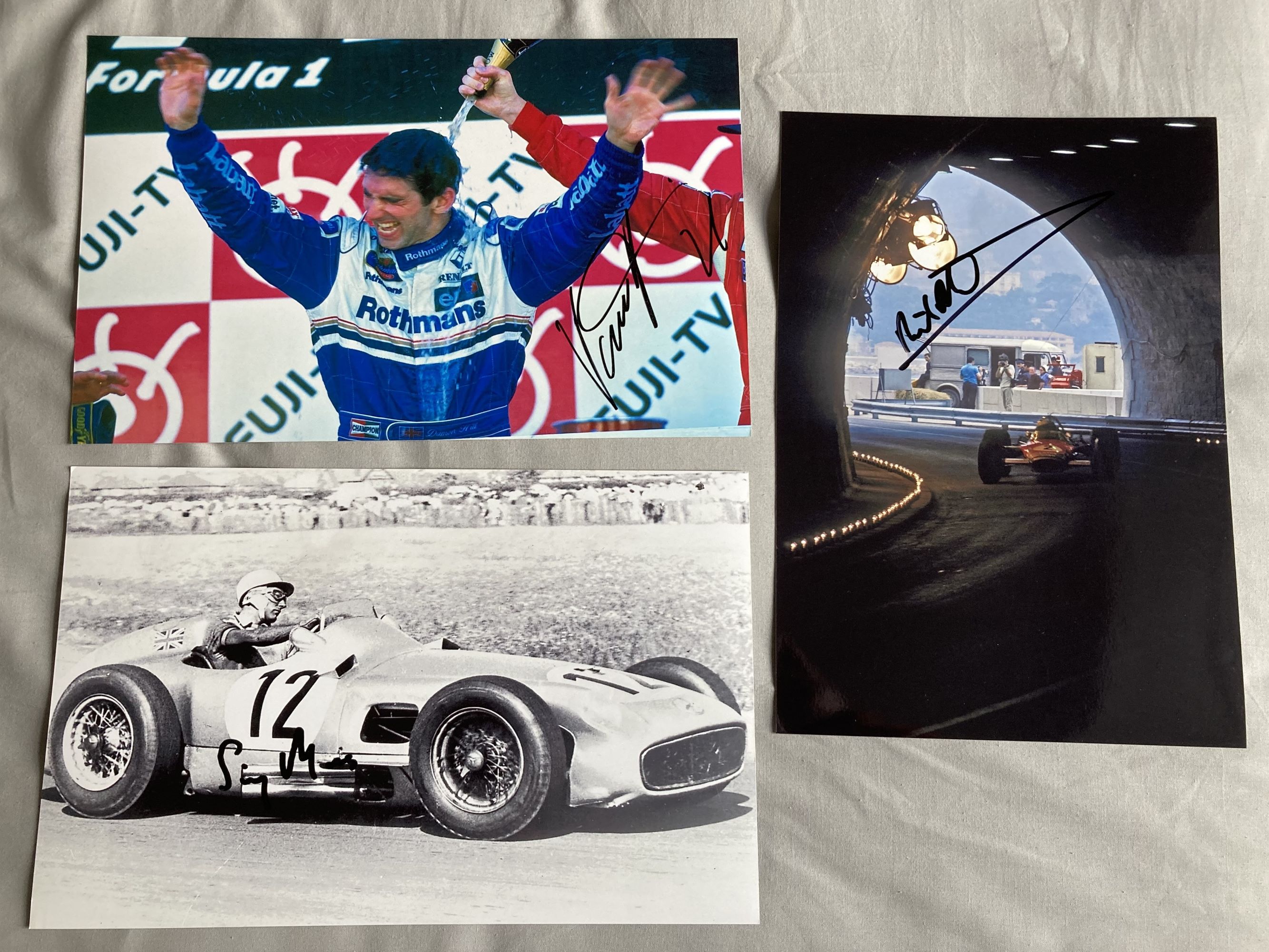 Motor Racing Formula one collection. Five 12 x 8 photos signed by Stirling Moss, Damon Hill, Ricardo